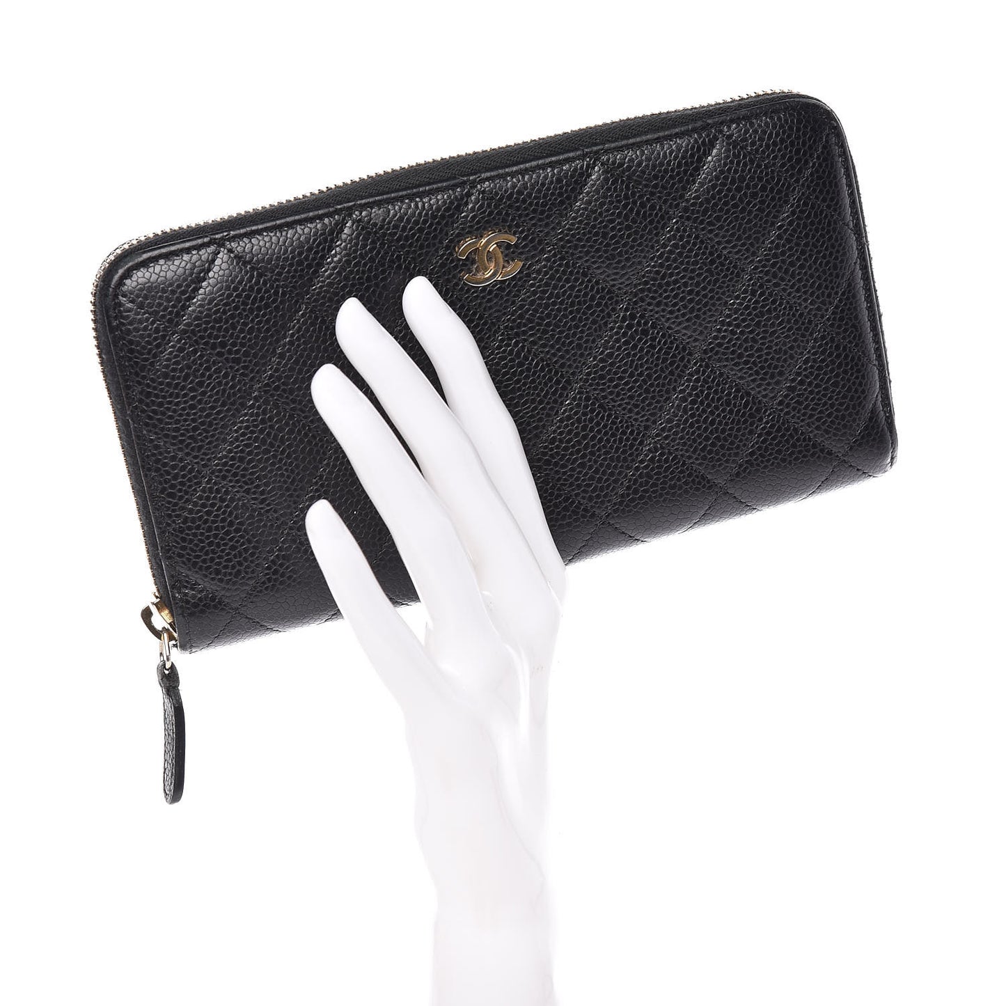 Caviar Quilted Large Zip Around Wallet Black