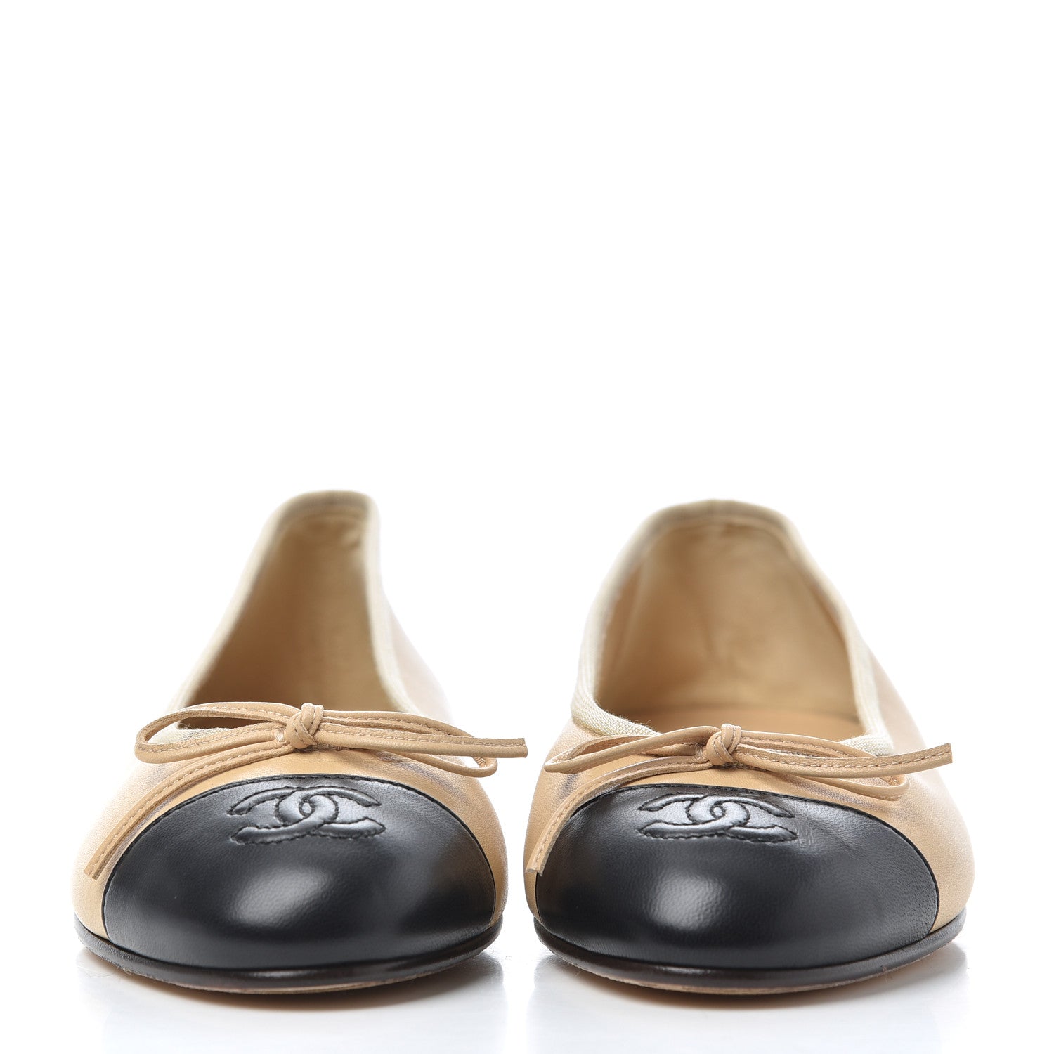 Chanel Lambskin Cap Toe CC Ballerina Flats 37.5 Beige Black 2 of 19