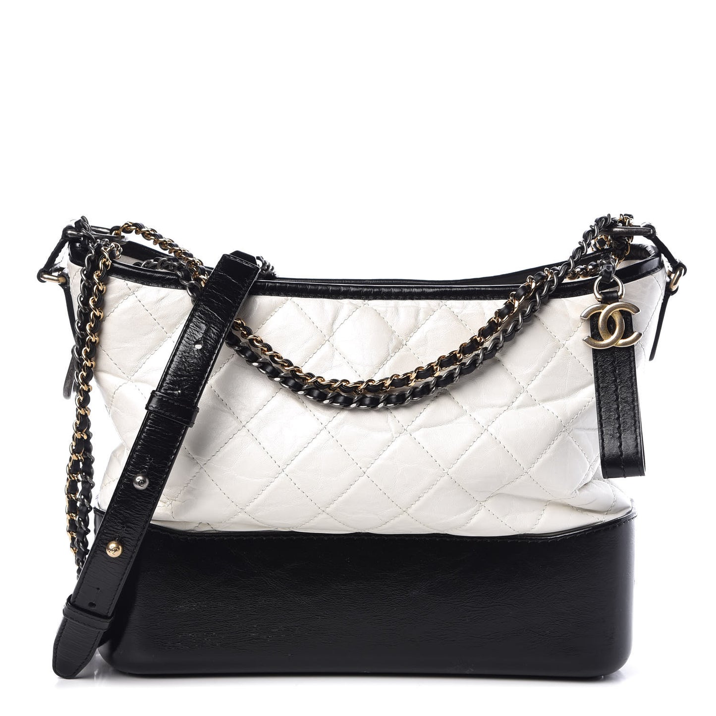 Aged Calfskin Quilted Medium Gabrielle Hobo Black White