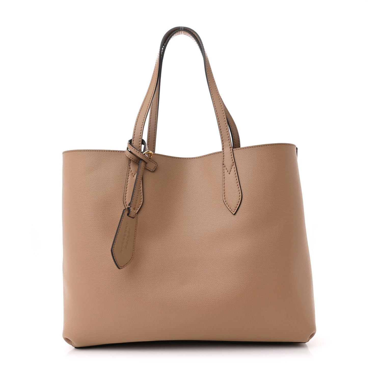 Grainy Calfskin Haymarket Check Medium Reversible Tote Camel
