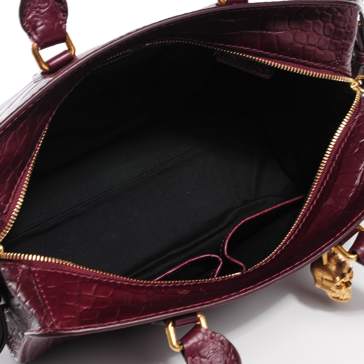 Calfskin Crocodile Embossed Small Skull Padlock Zip Around Tote Bordeaux