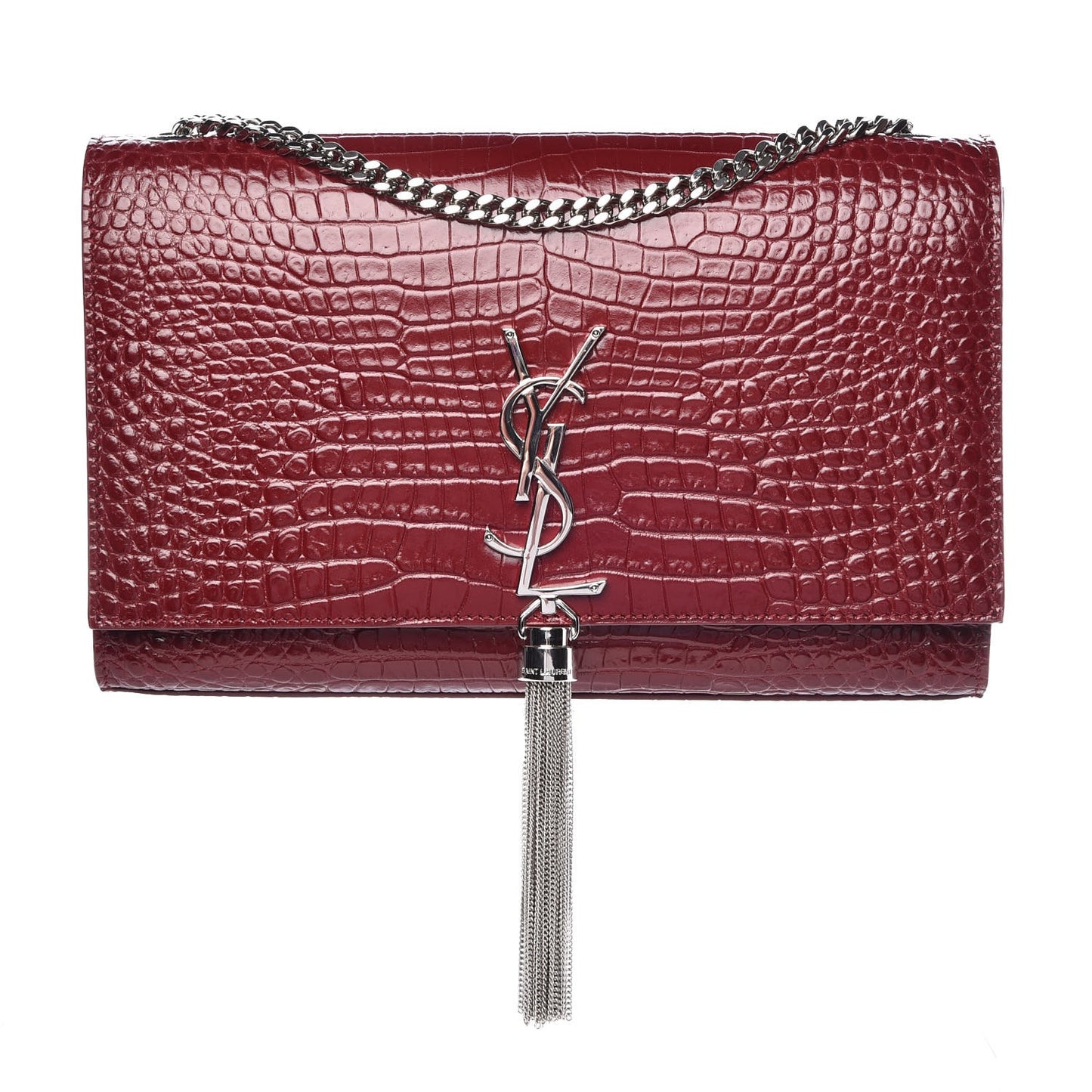 Calfskin Crocodile Embossed Medium Classic Monogram Kate Tassel Satchel Dark Red