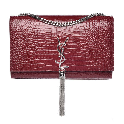 Saint Laurent Calfskin Crocodile Embossed Medium Classic Monogram Kate Tassel Satchel Dark Red 1 of 6