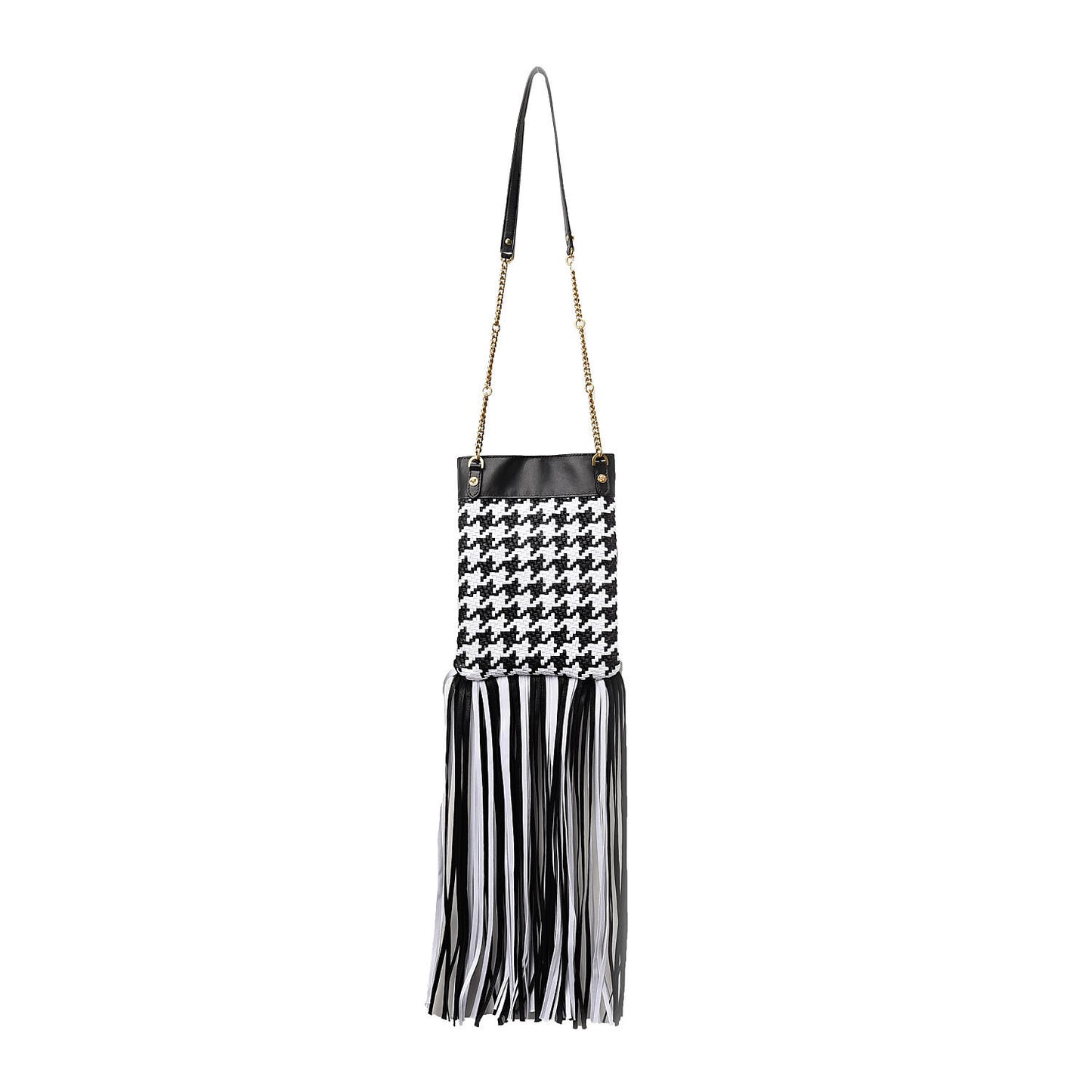 Woven Calfskin Fringe Chain Bag Black White