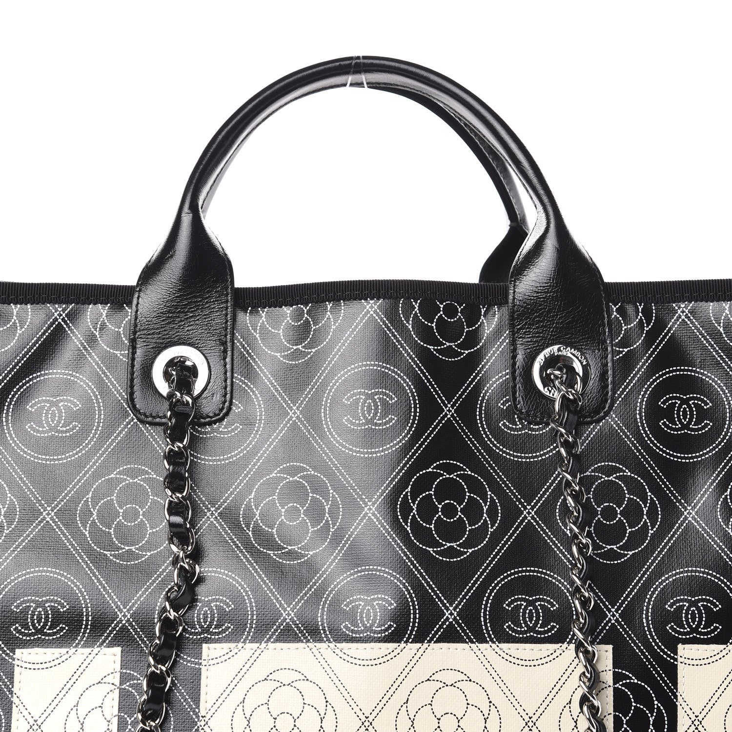 Chanel Coated Canvas Camellia Large Shopping Tote Black Beige 11 of 11