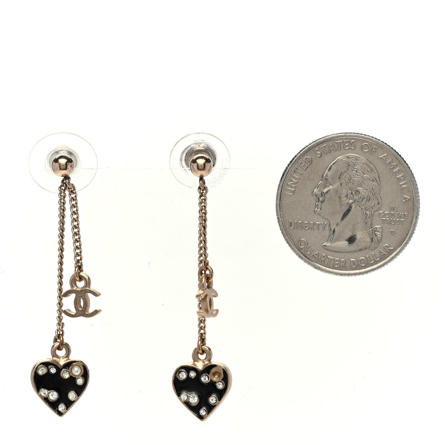 Resin Crystal Pearl CC Heart Chain Earrings Black Gold