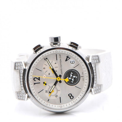 Louis Vuitton Stainless Steel Rubber Diamond Mother of Pearl 34mm Tambour Lovely Cup Quartz Watch 3 of 9