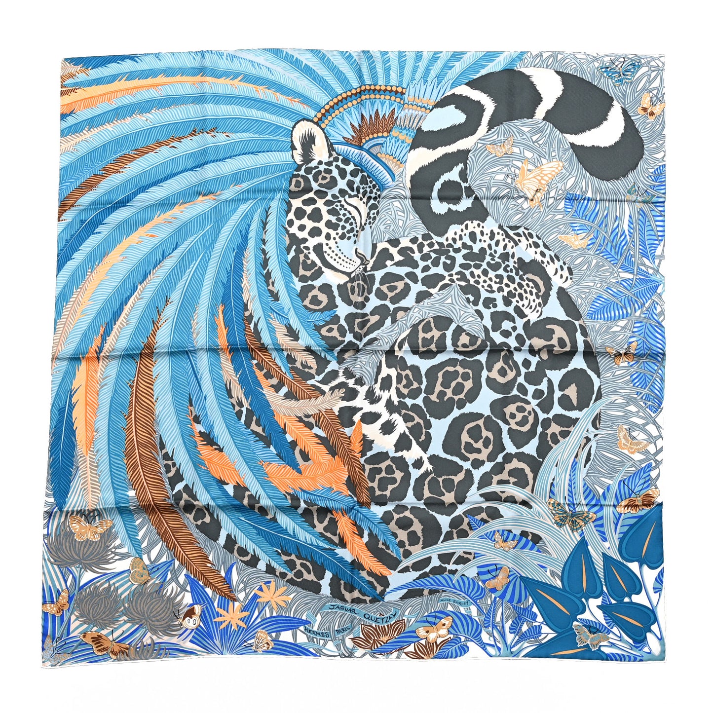 Silk Jaguar Quetzal Scarf 90 Bleu Gris Camel