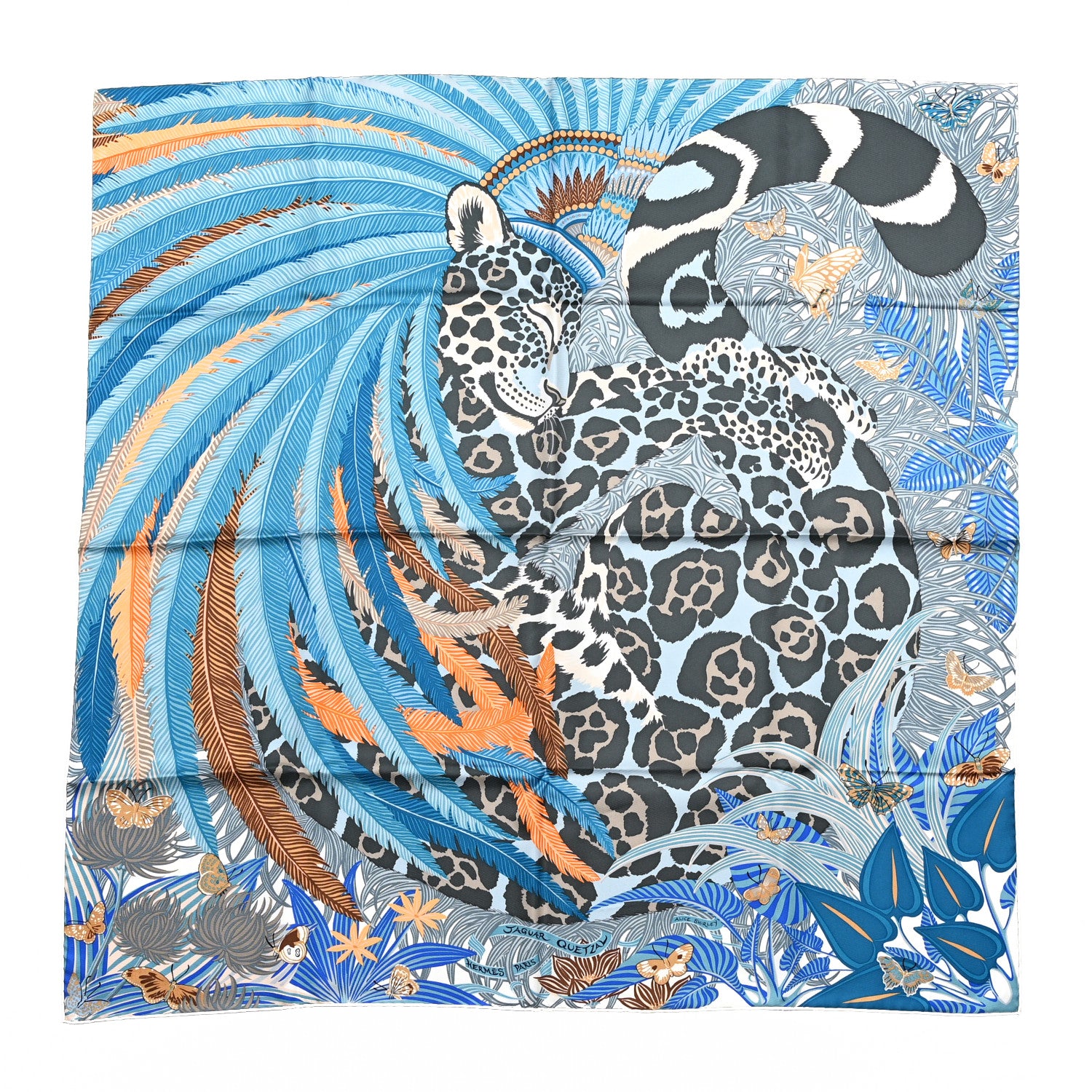 Hermes Silk Jaguar Quetzal Scarf 90 Bleu Gris Camel 1 of 4