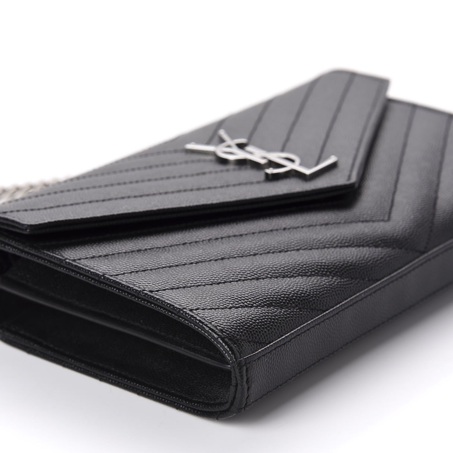 Saint Laurent Grain De Poudre Matelasse Chevron Monogram Chain Wallet Black 6 of 10