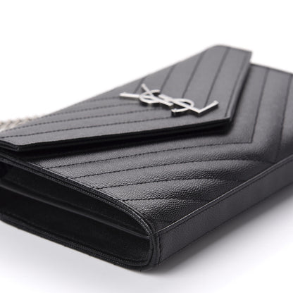 Saint Laurent Grain De Poudre Matelasse Chevron Monogram Chain Wallet Black 6 of 10