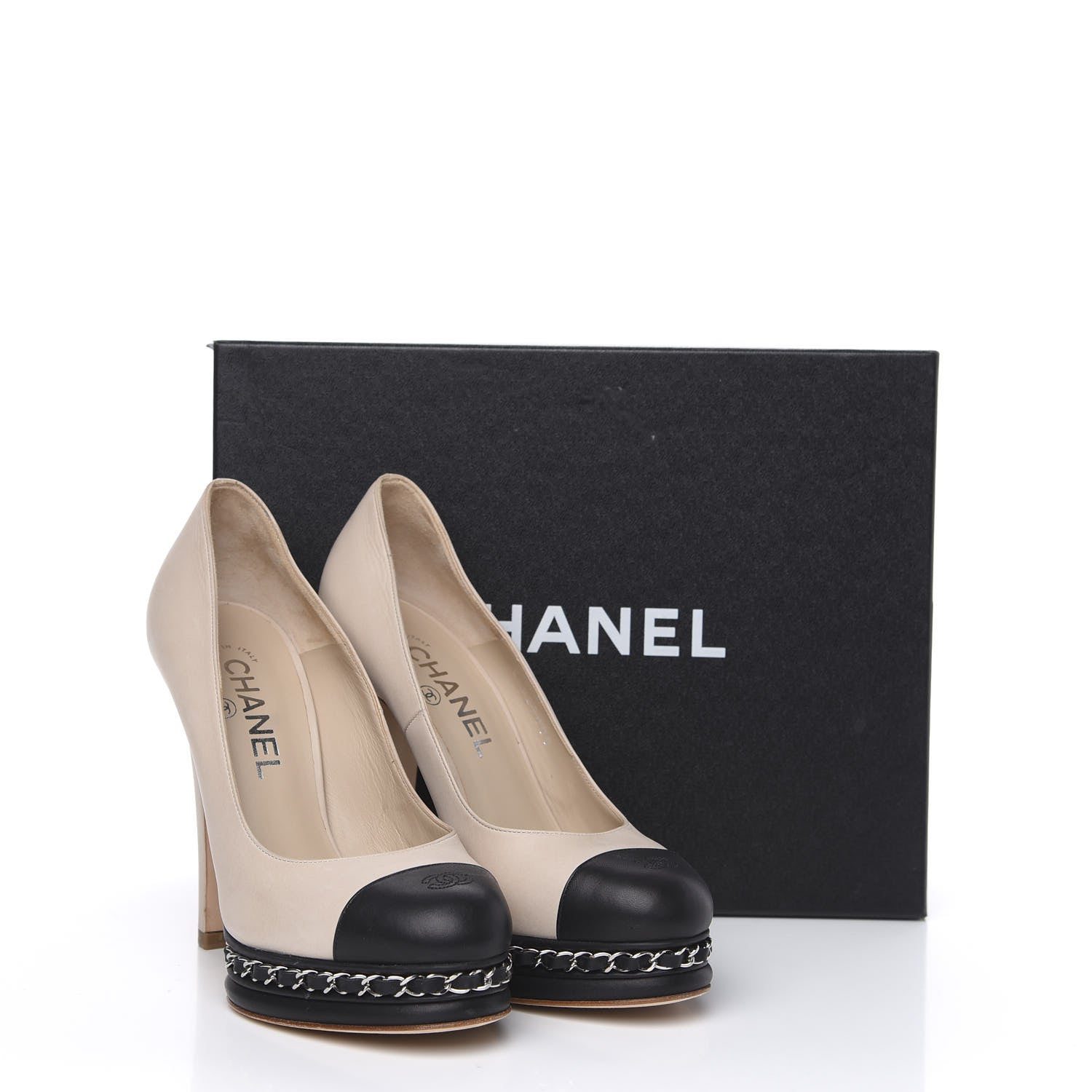 Chanel Calfskin CC Cap Toe Platform Chain Pumps 37 Beige Black 12 of 13
