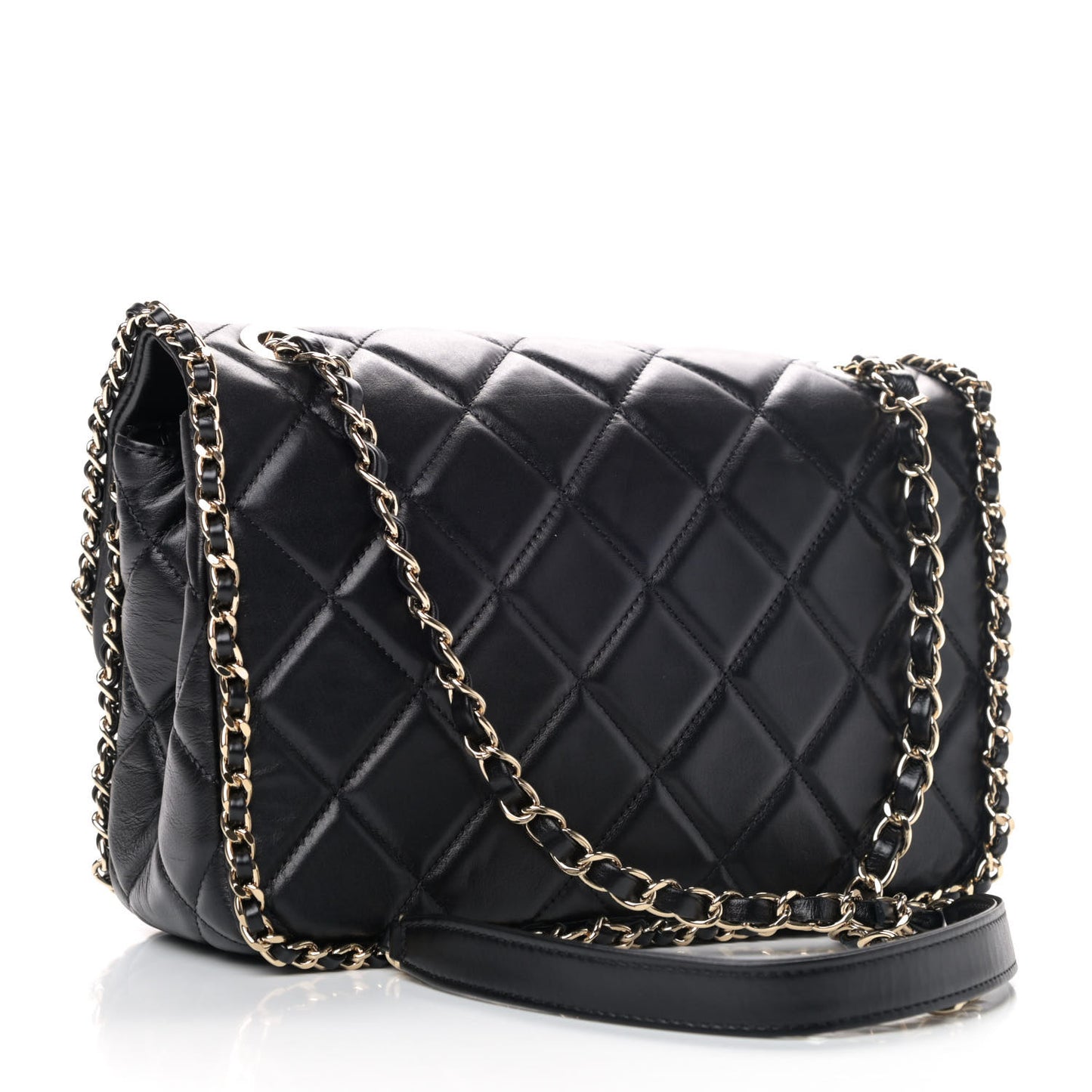 Crumpled Calfskin Medium Chain All Over Flap Black
