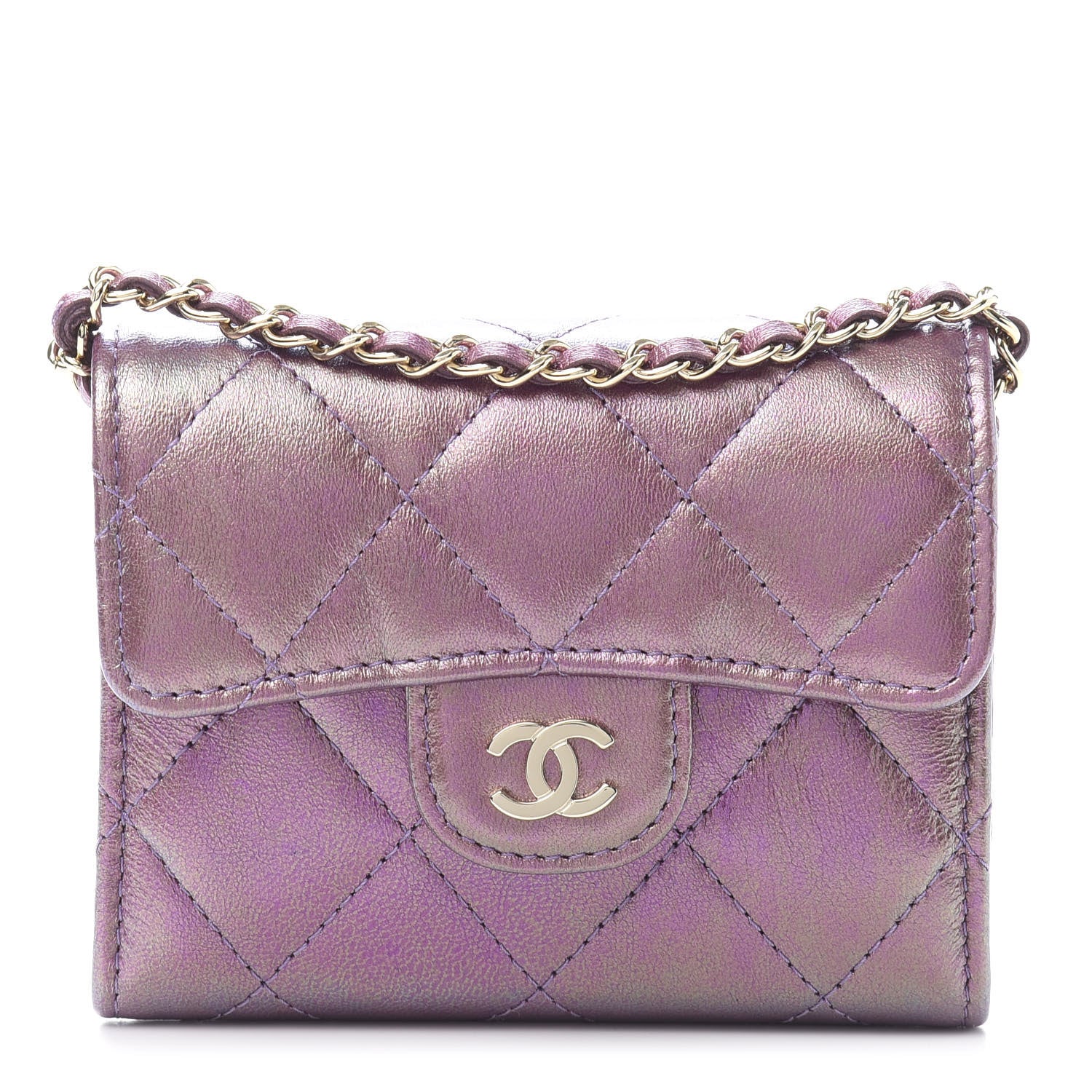 Chanel Iridescent Lambskin Quilted Flap Card Holder On Chain Purple 1 of 12