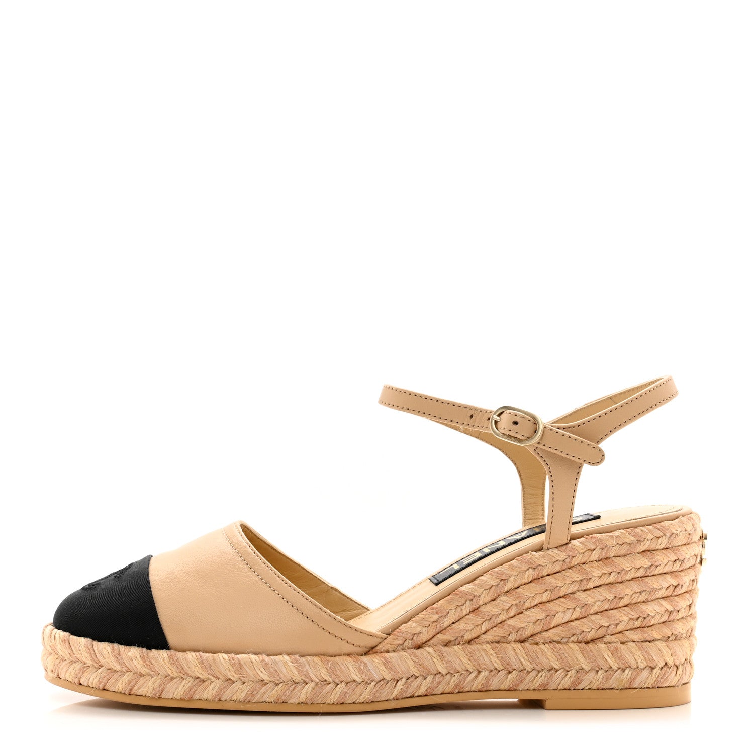 Chanel Lambskin Grosgrain CC Espadrilles Wedges 37 Beige Black 1 of 9