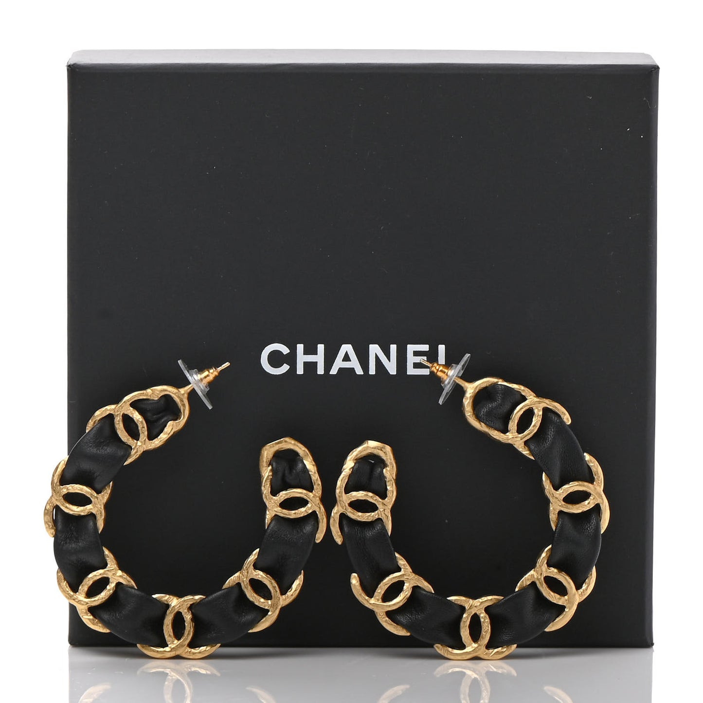 Lambskin CC Chain Hoop Earrings Gold Black