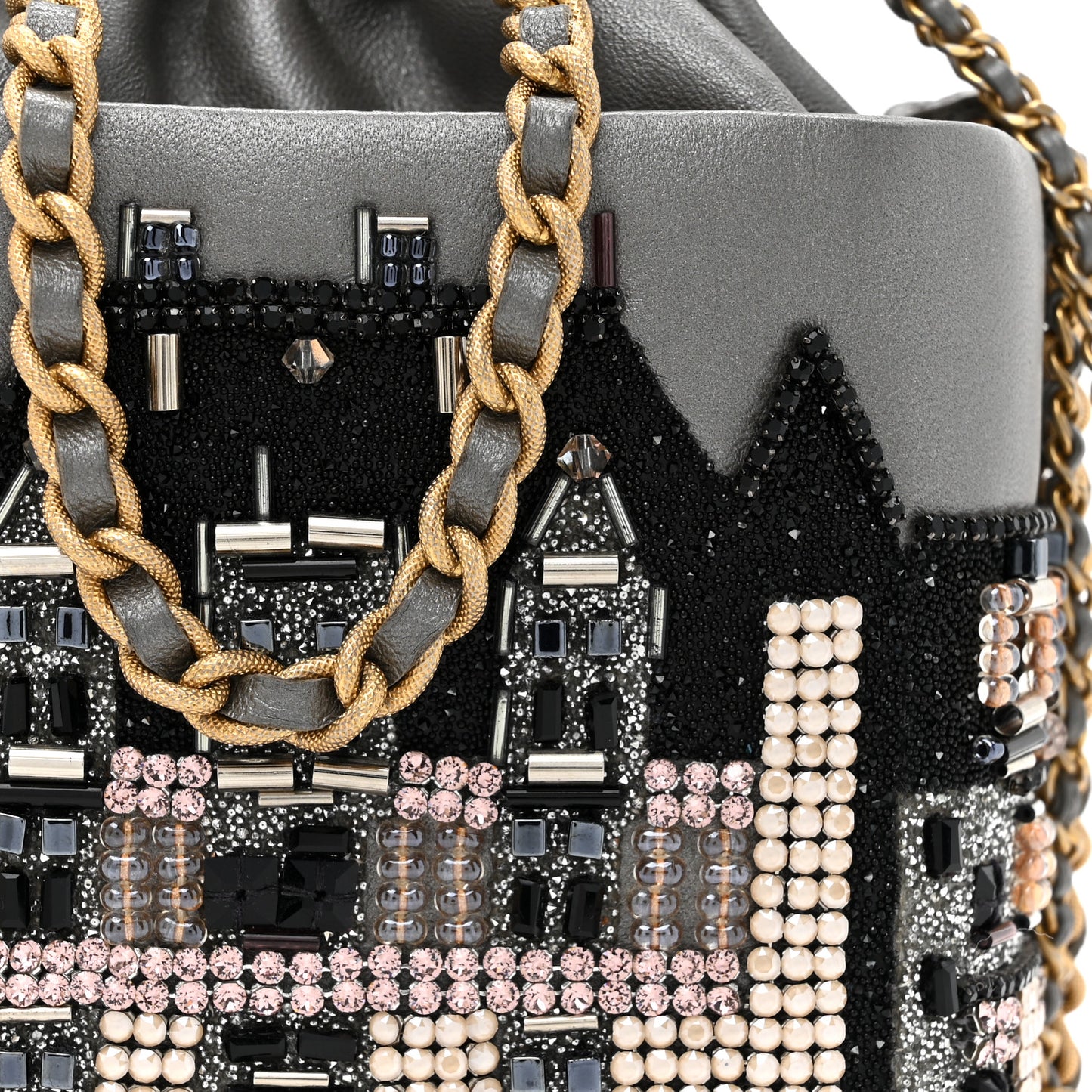 Metallic Lambskin Crystal Metiers D'Art Chateau de Chenonceau Bucket Bag Grey