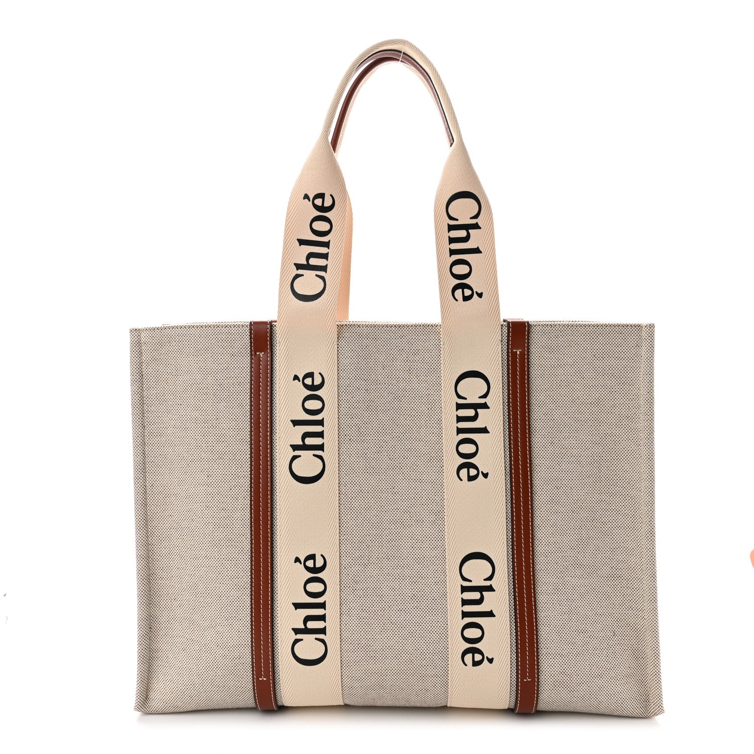 Chloe Cotton Calfskin Large Woody Ribbon Tote White Brown 1 of 10