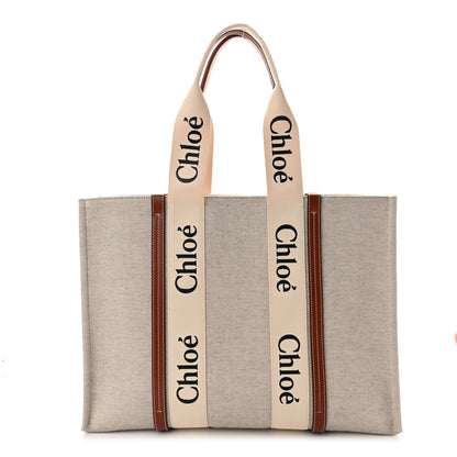 Chloe Cotton Calfskin Large Woody Ribbon Tote White Brown 1 of 10