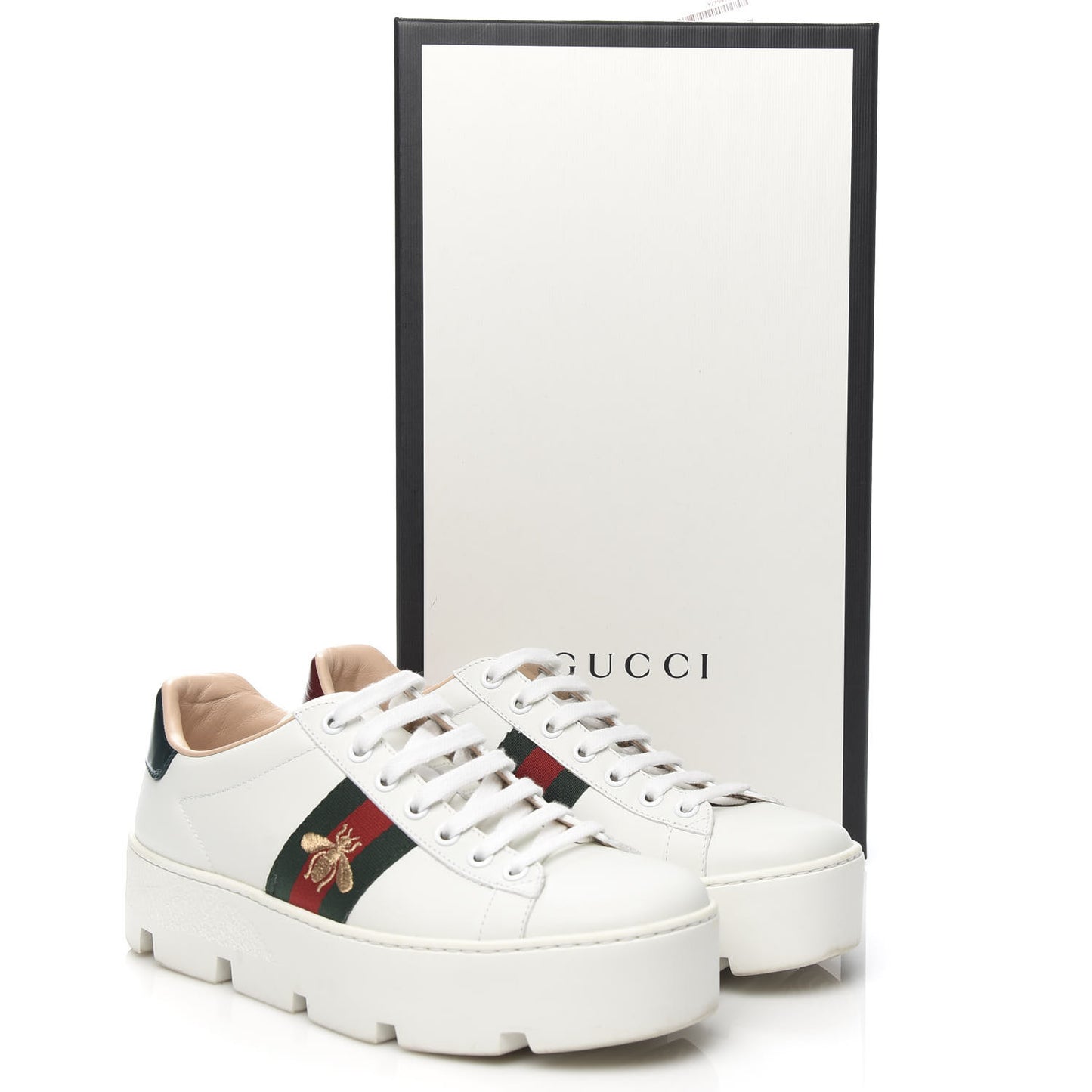 Calfskin Web Bee Embroidered Womens Ace Platform Sneakers 37 White