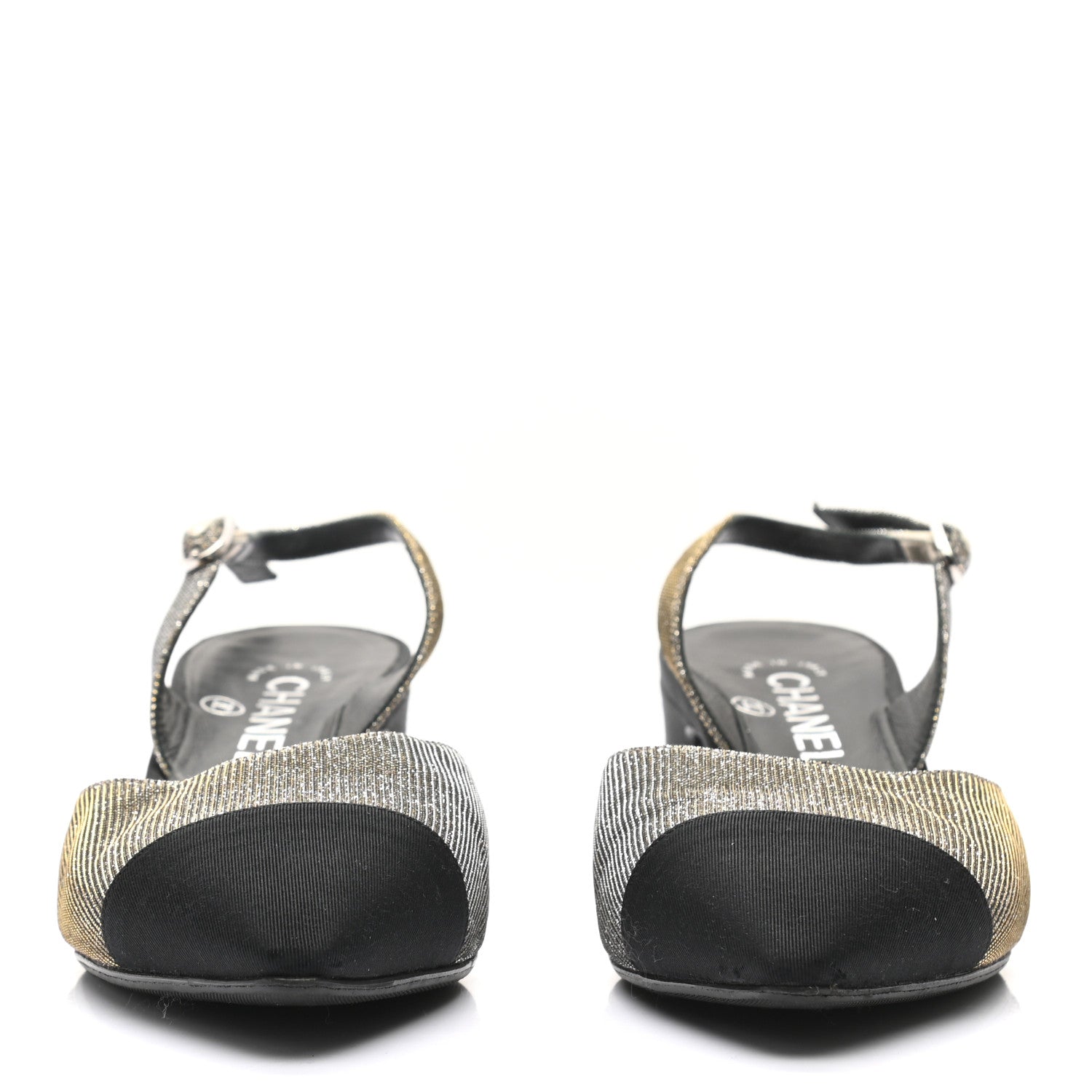 Chanel Glitter Grosgrain Cap Toe CC Slingback Pumps 39 Gold Black 2 of 8