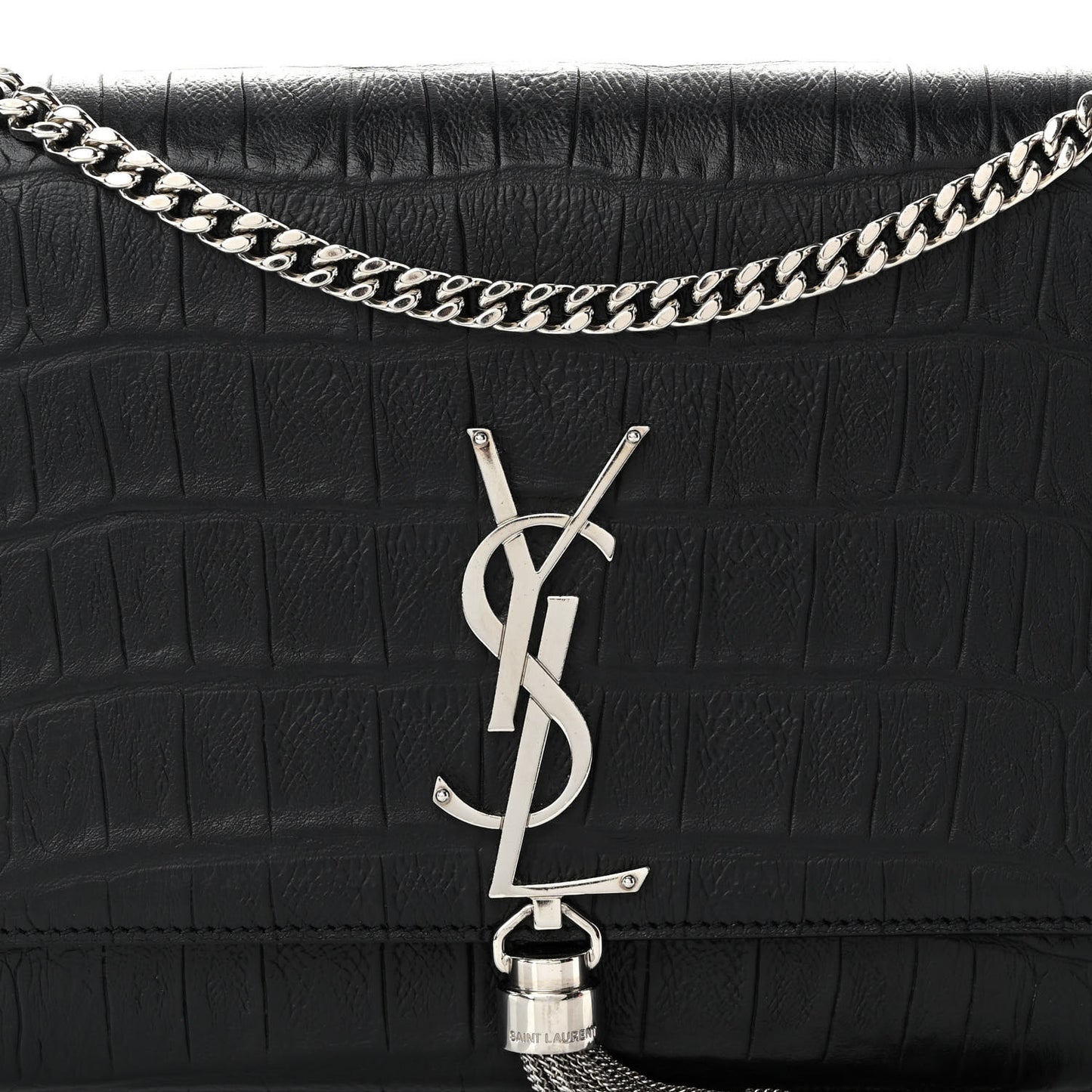 Calfskin Crocodile Embossed Medium Classic Monogram Kate Tassel Satchel Black