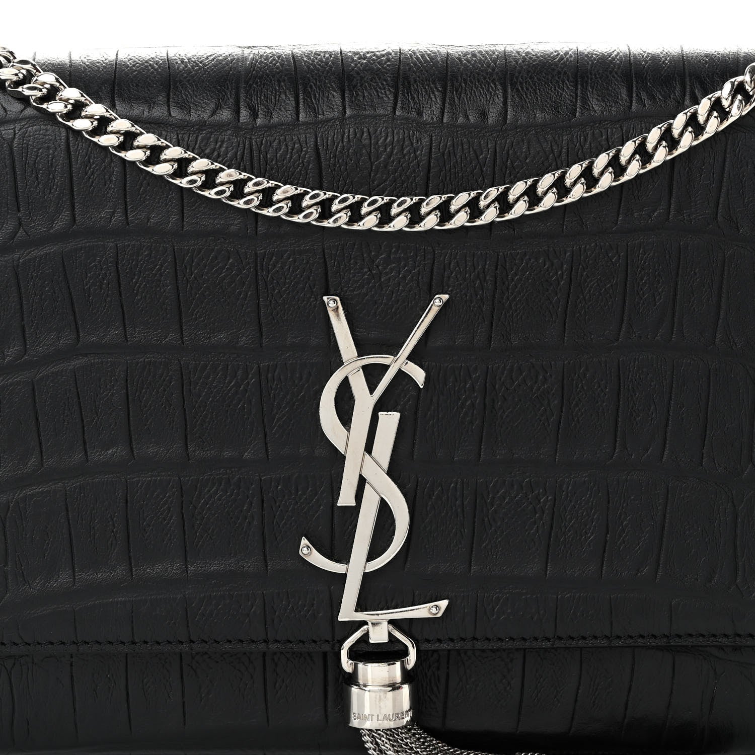 Saint Laurent Calfskin Crocodile Embossed Medium Classic Monogram Kate Tassel Satchel Black 7 of 11