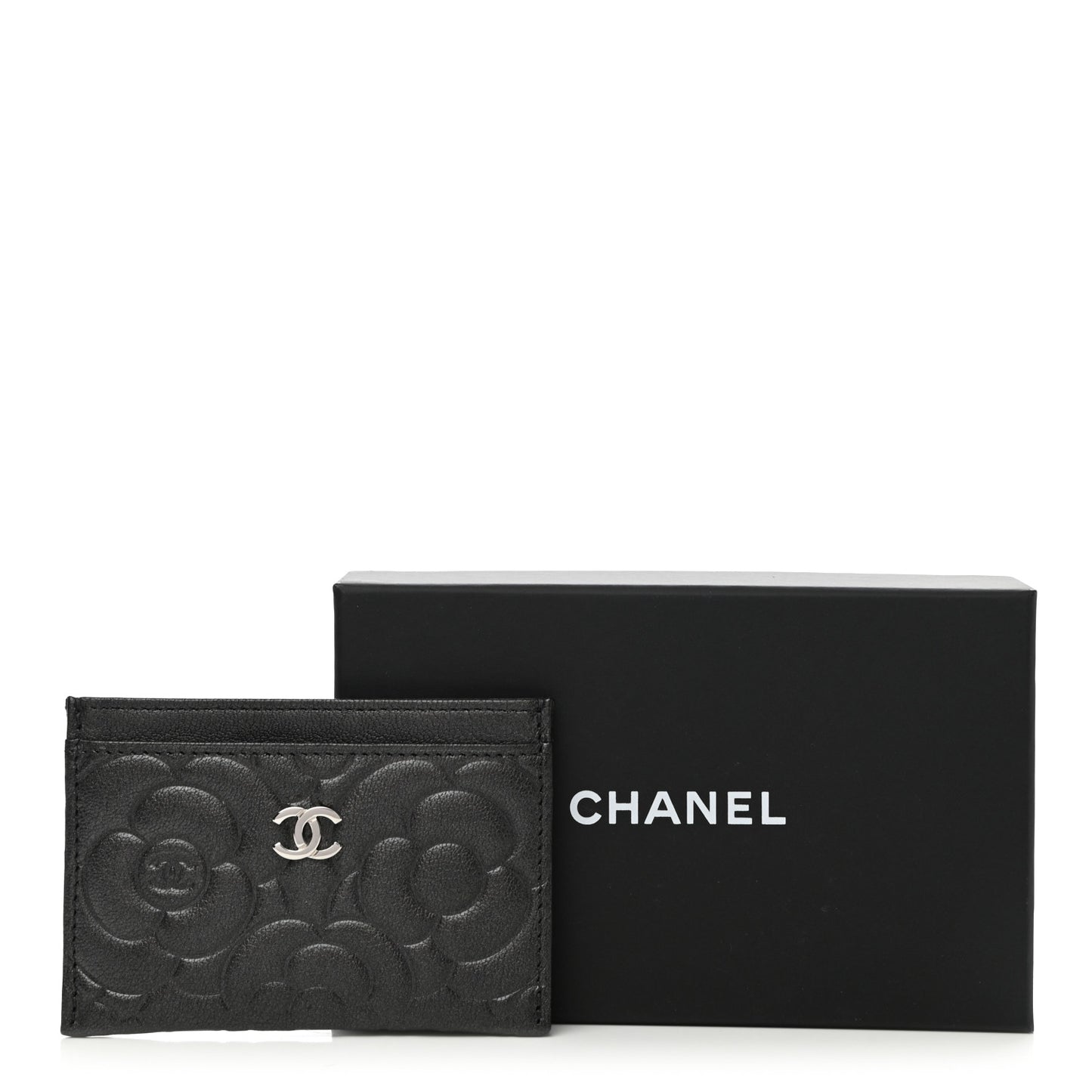 Goatskin Camellia Embossed Card Holder Black