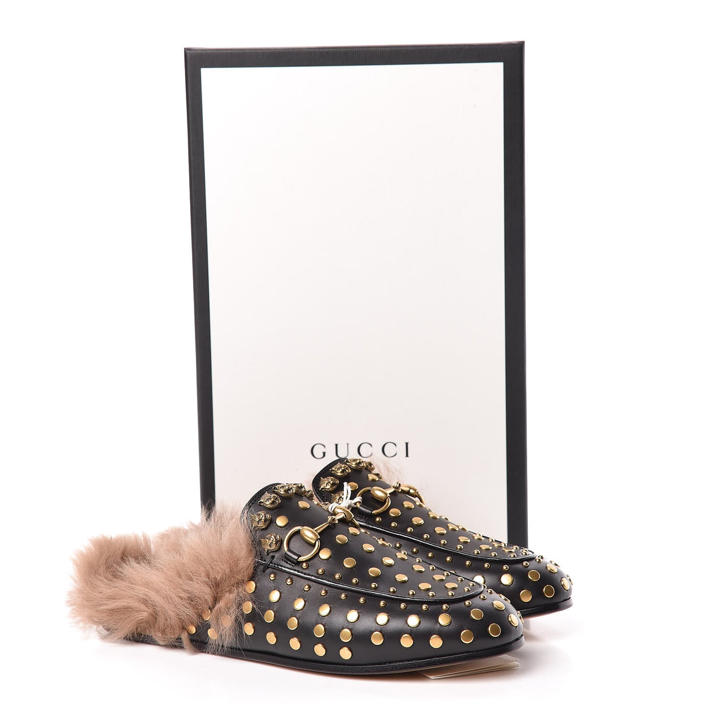 Calfskin Lambswool Studded Womens Princetown Slippers 36 Black
