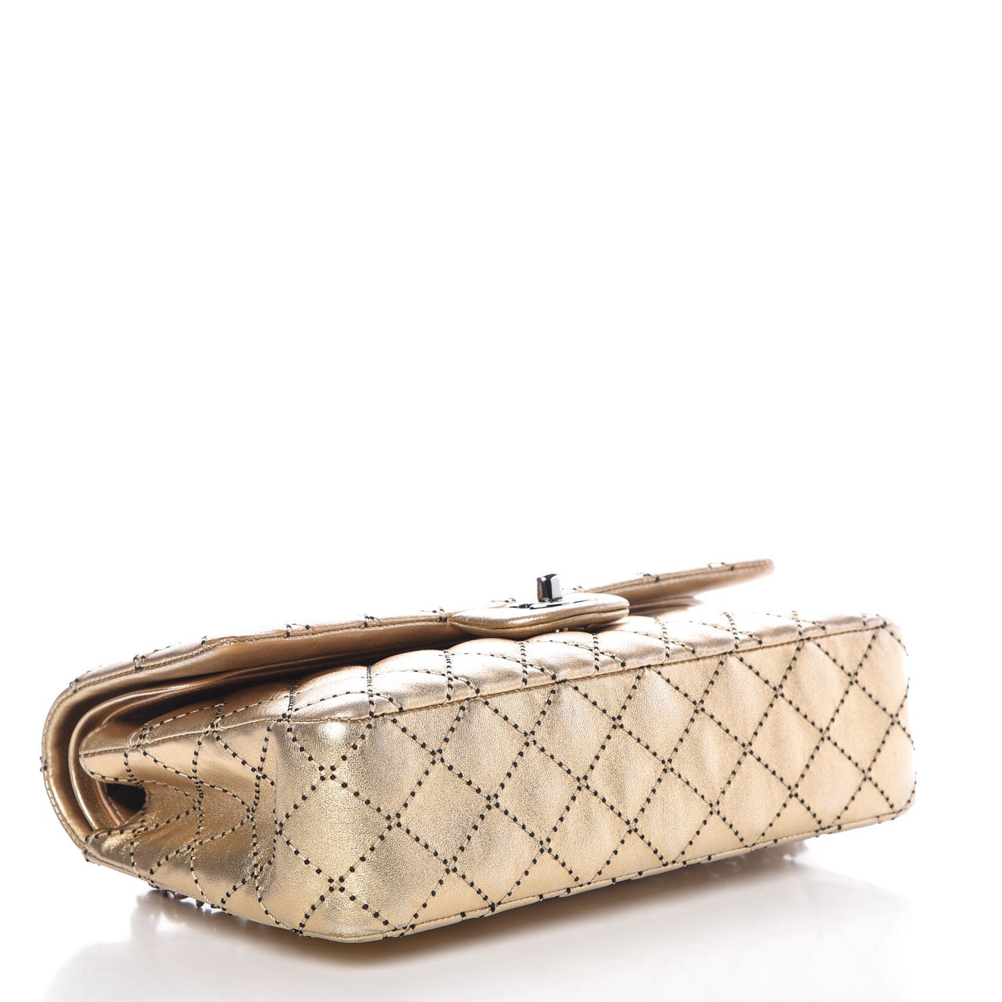 Metallic Washed Lambskin Quilted Medium Double Flap Dark Gold Black