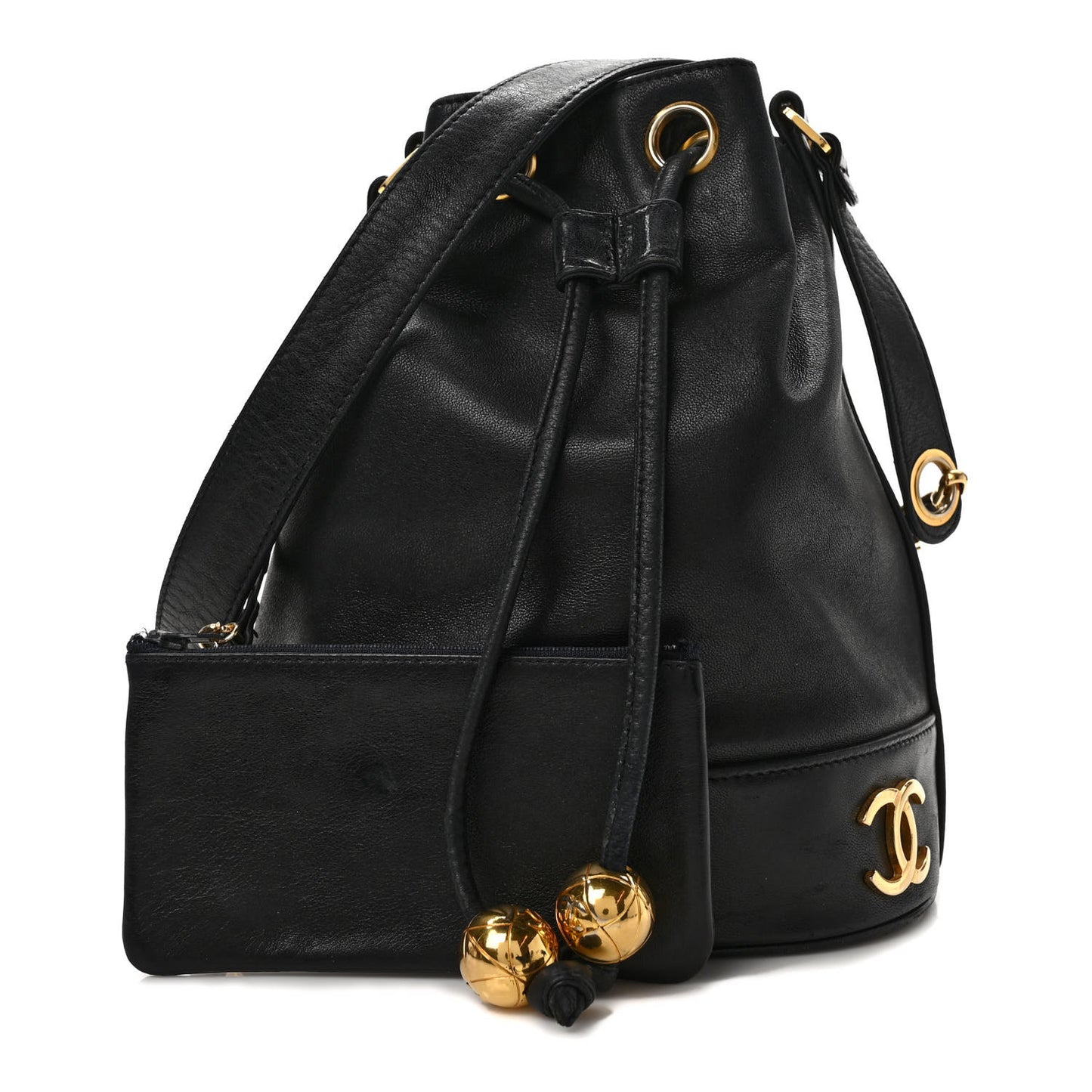 Lambskin CC Drawstring Shoulder Bag Black