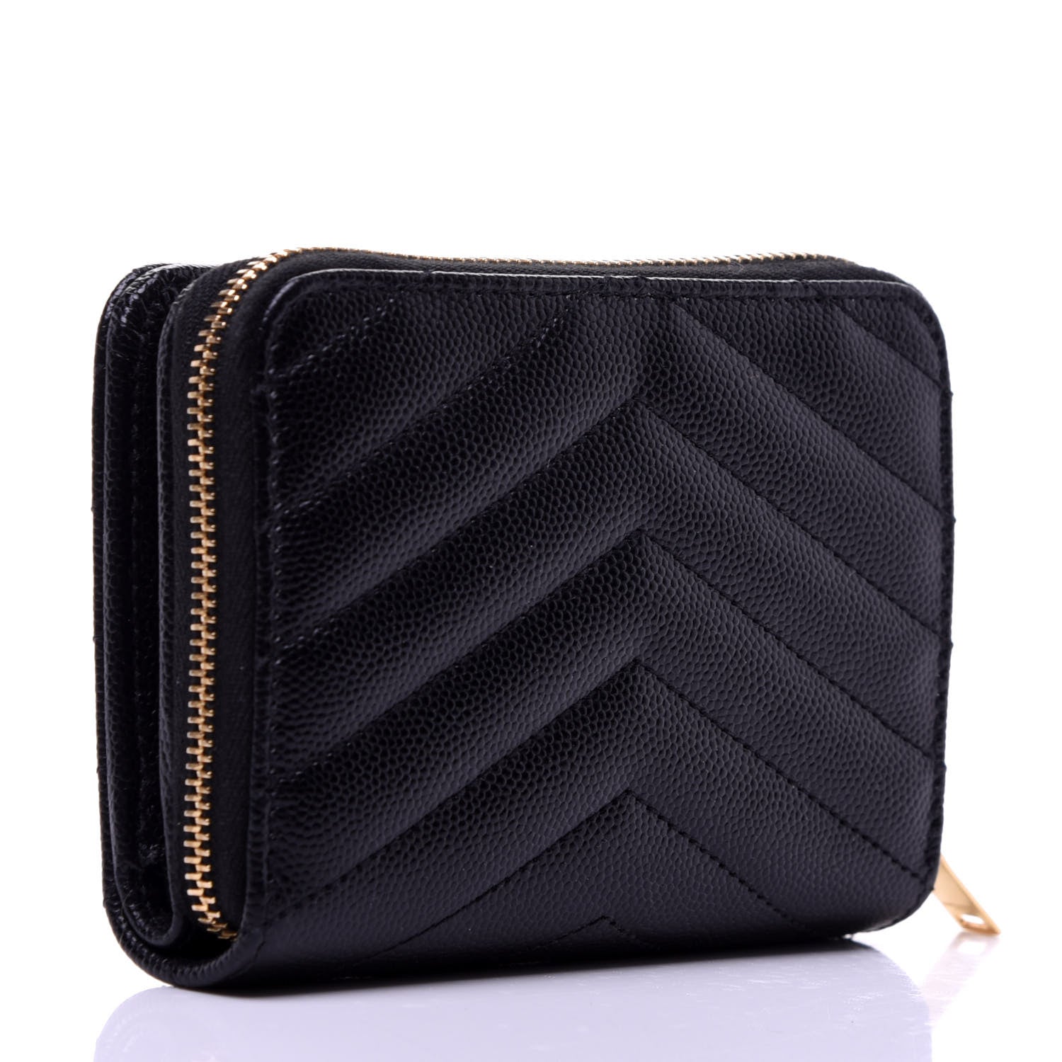 Saint Laurent Grain De Poudre Matelasse Chevron Monogram Compact Zip Around Wallet Black 3 of 9