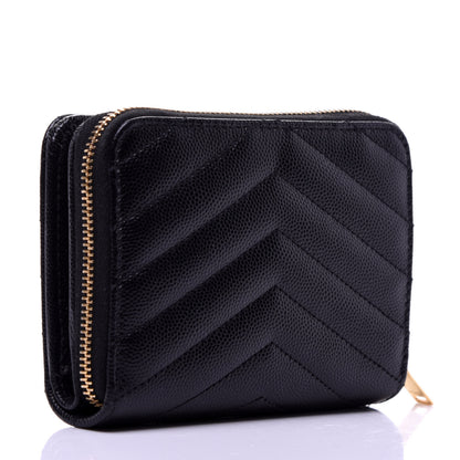 Saint Laurent Grain De Poudre Matelasse Chevron Monogram Compact Zip Around Wallet Black 3 of 9
