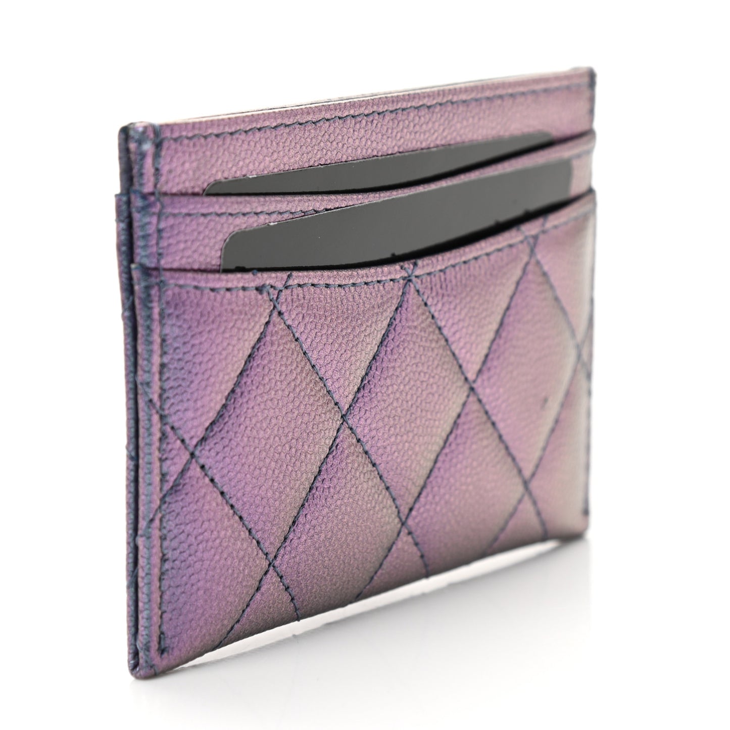 Iridescent Caviar Quilted Card Holder Dark Blue