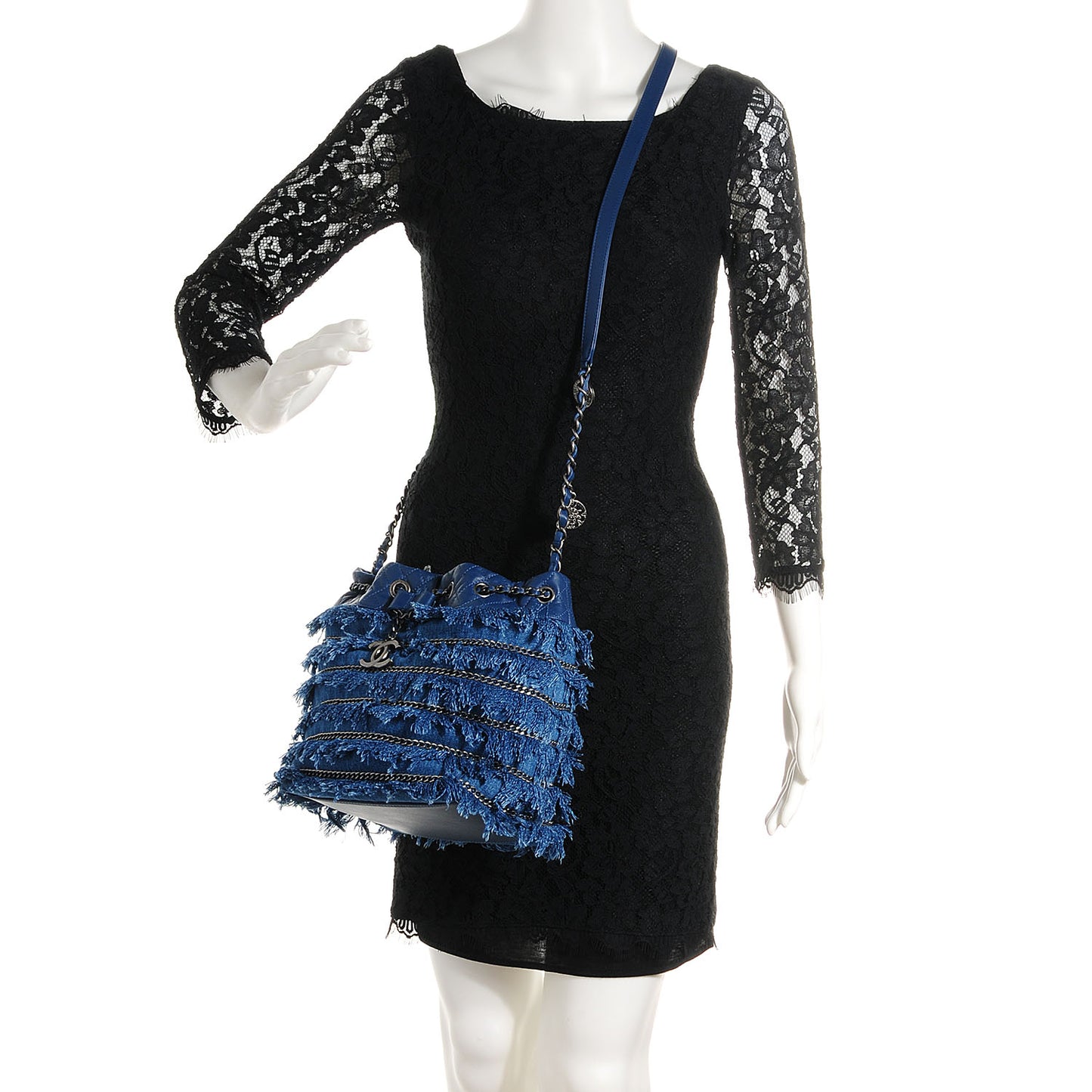 Calfskin Fringe Chains CC Denim Drawstring Bucket Bag Blue