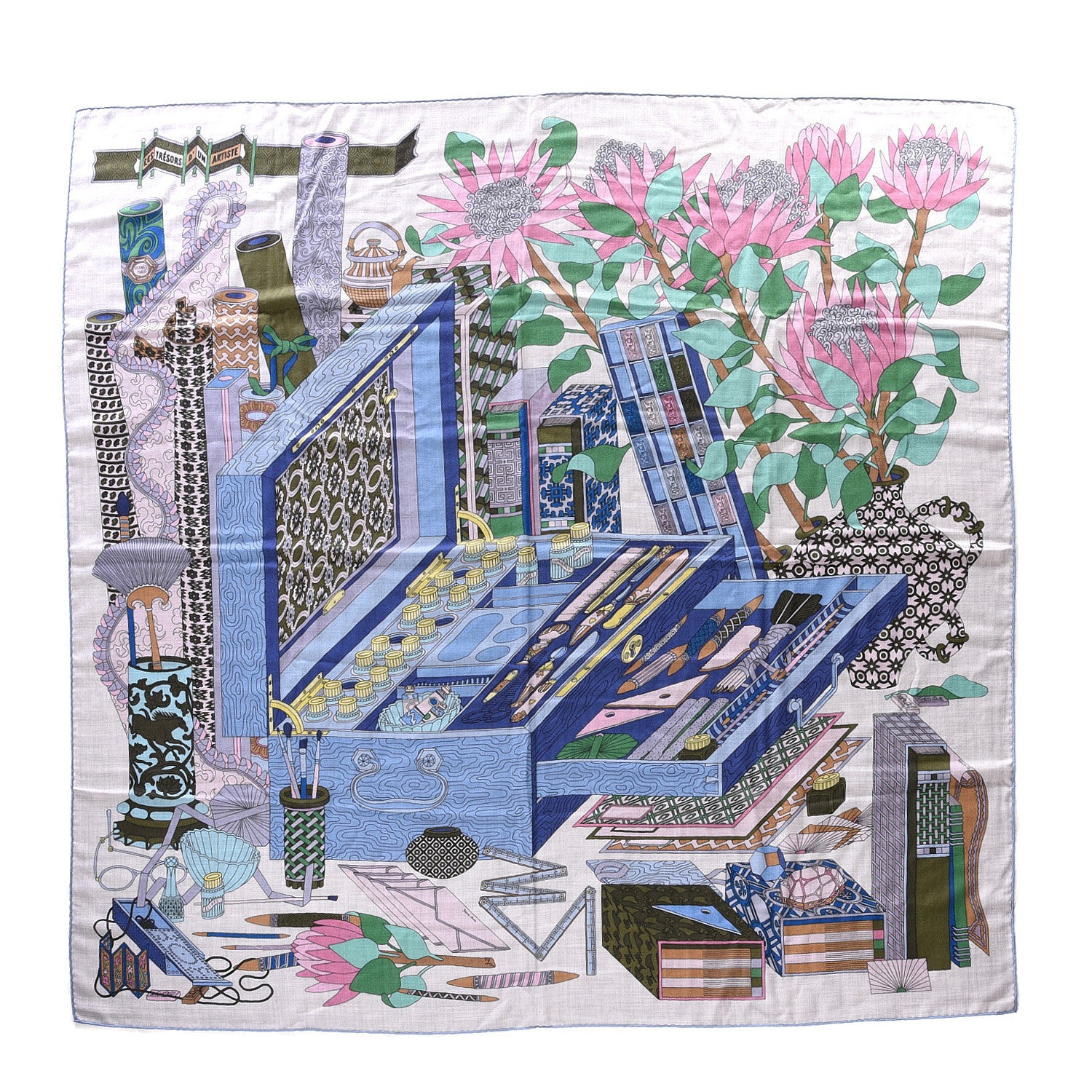 Hermes Cashmere Silk Les Tresors D Un Artiste Shawl 140 Gris Chine Ciel Rose 1 of 3