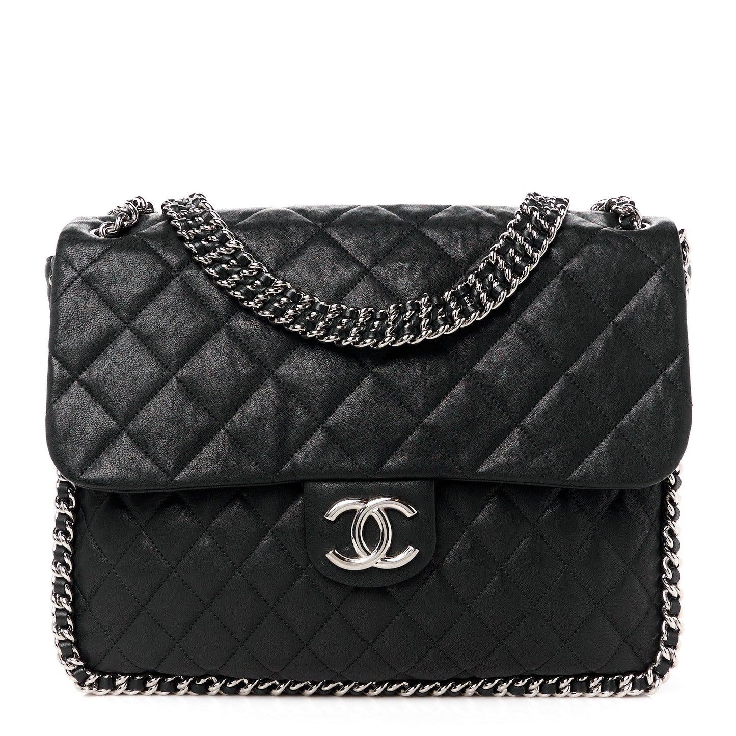 Washed Lambskin Quilted Maxi Chain Around Flap Black