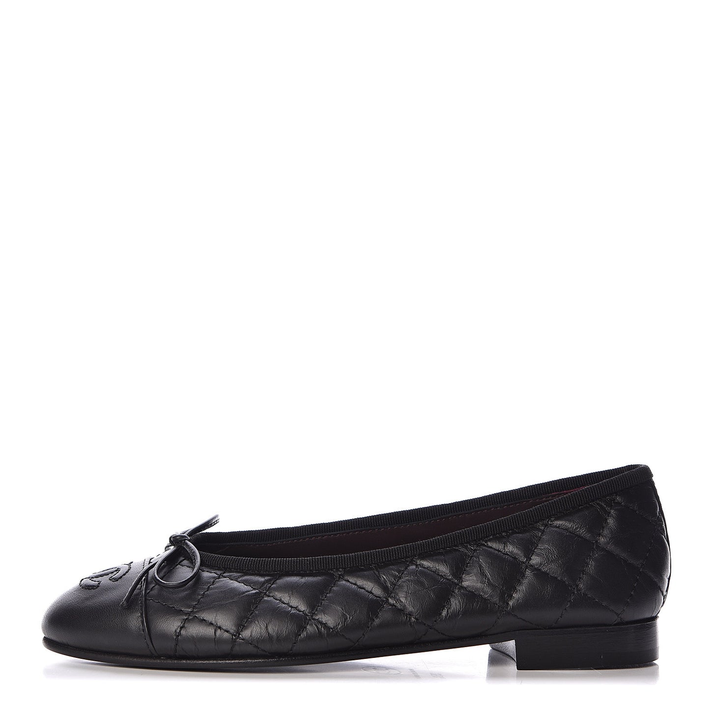 Aged Calfskin Quilted Cap Toe Ballerina Flats 35.5 Black