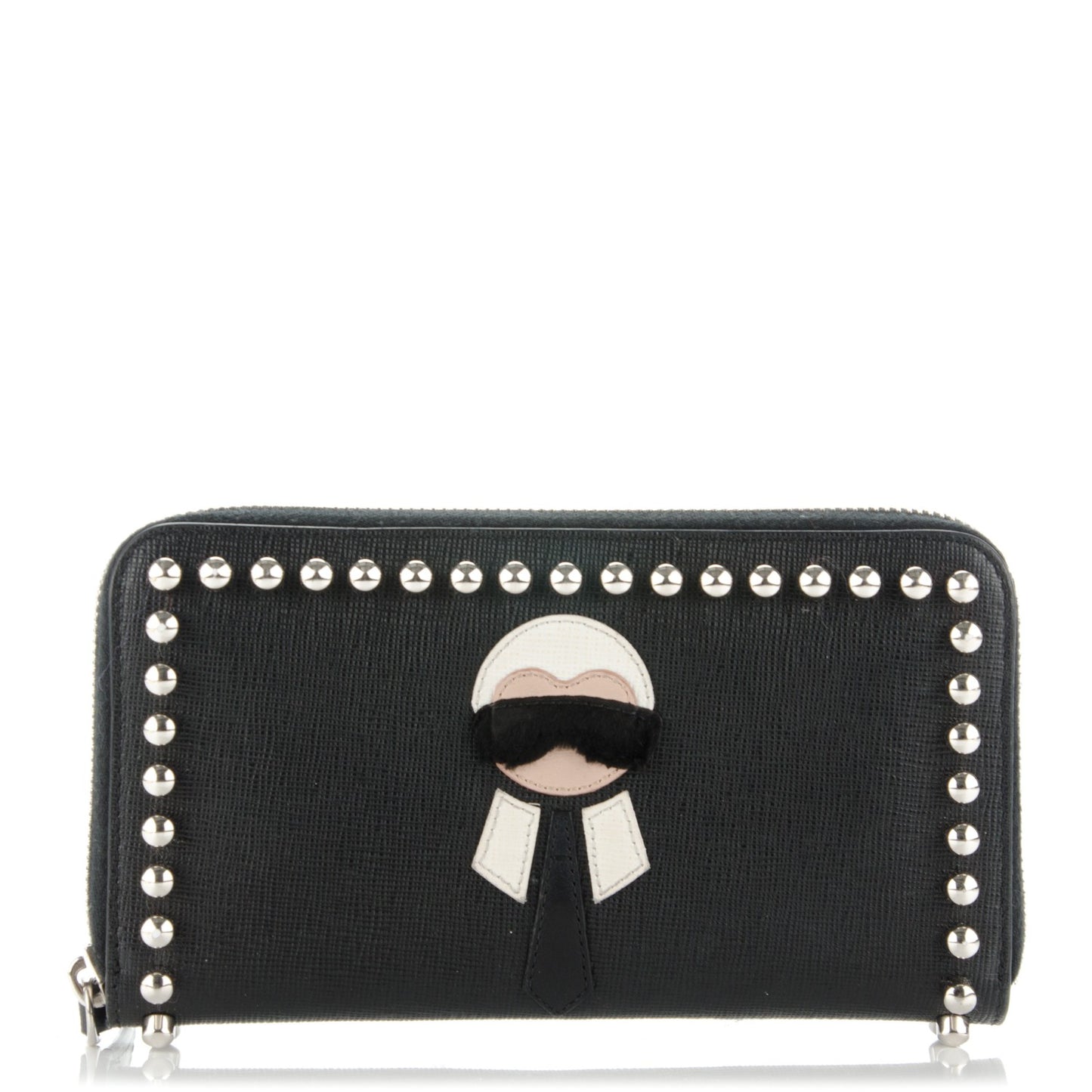 Vitello Elite Mink Fur Studded Karlito Zip Around Wallet Black