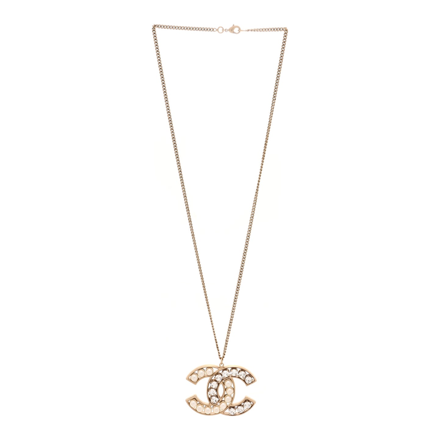 Crystal Pearl CC Pendant Necklace Gold