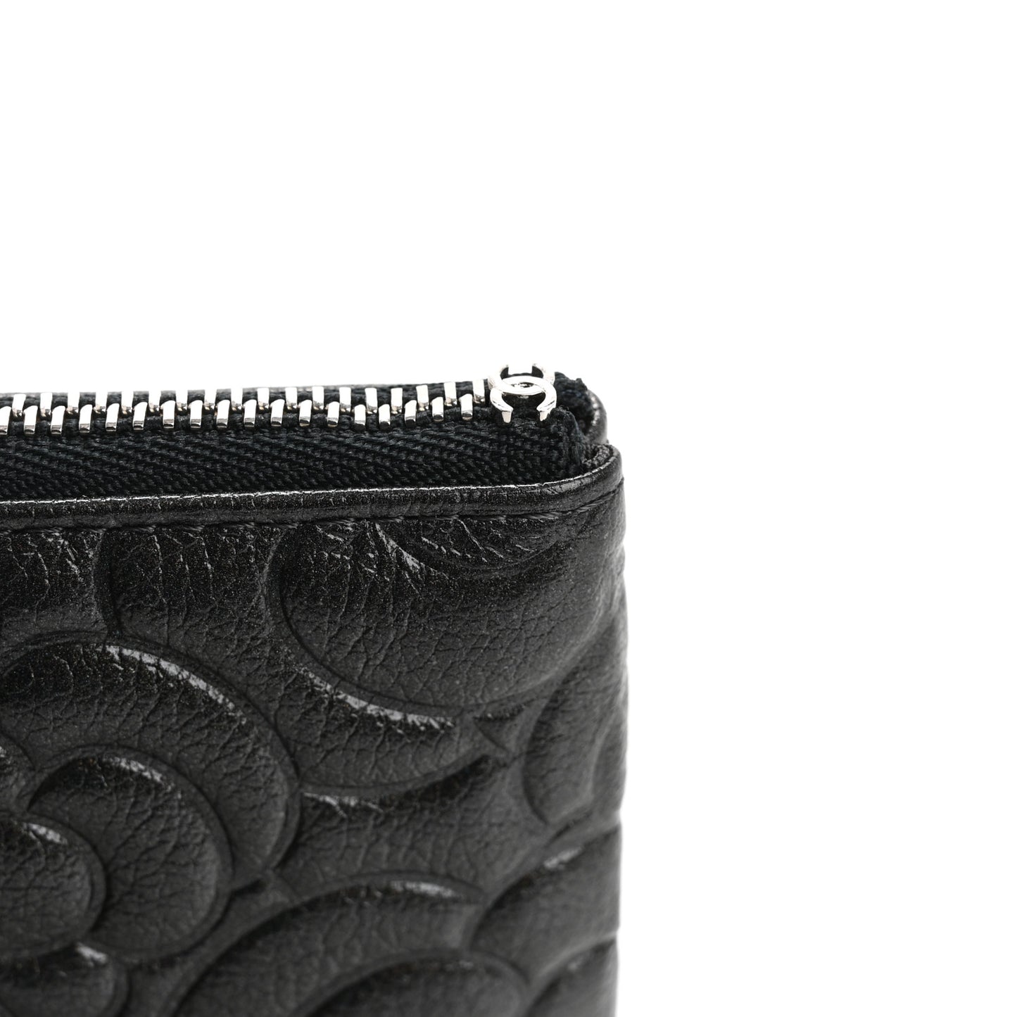 Goatskin Camellia Embossed Cosmetic Pouch Anthracite