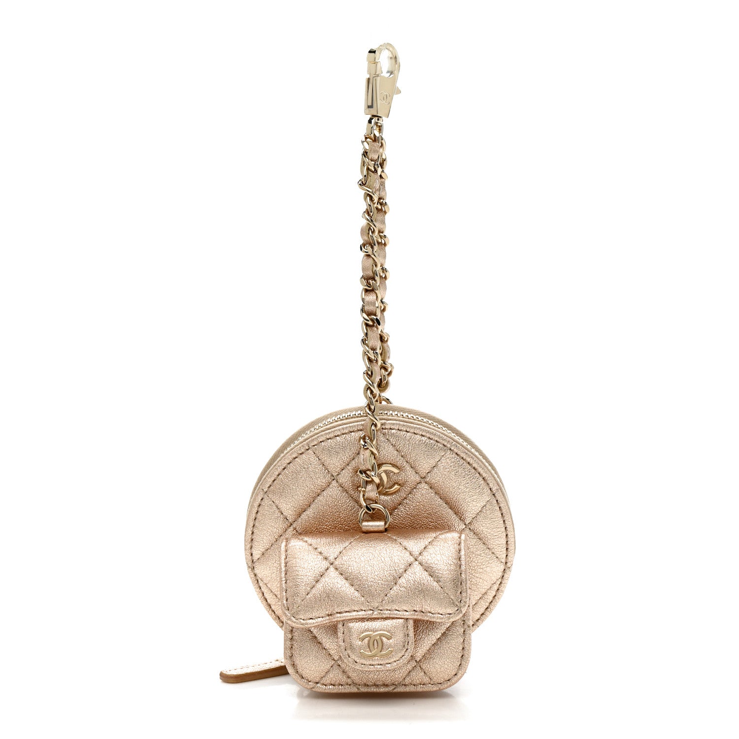 Chanel Metallic Lambskin Quilted Round Clip On Coin Purse Airpods Case Gold 1 of 10