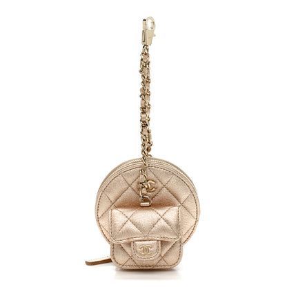 Chanel Metallic Lambskin Quilted Round Clip On Coin Purse Airpods Case Gold 1 of 10