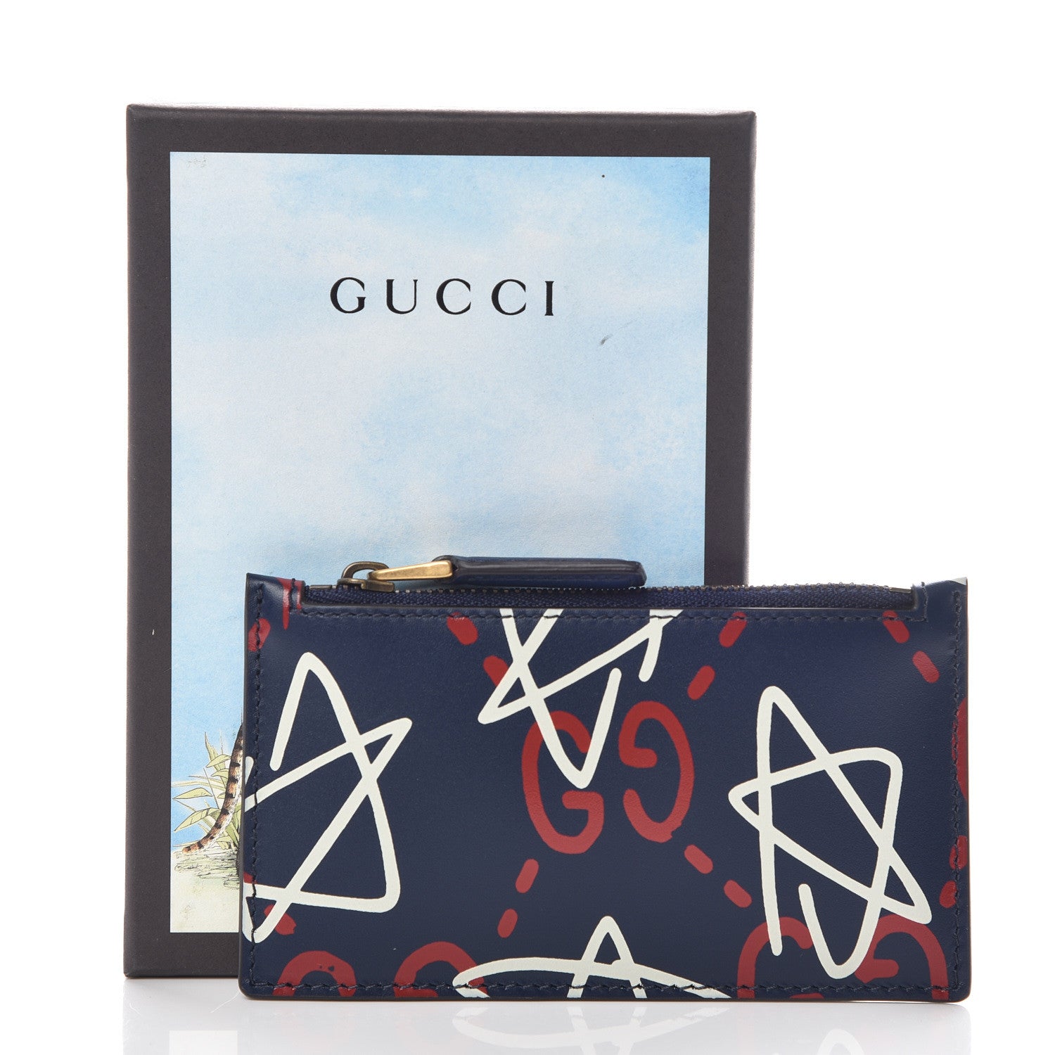 Gucci Calfskin GucciGhost Coin Case Card Holder Blue Agata Hibiscus Red 8 of 8