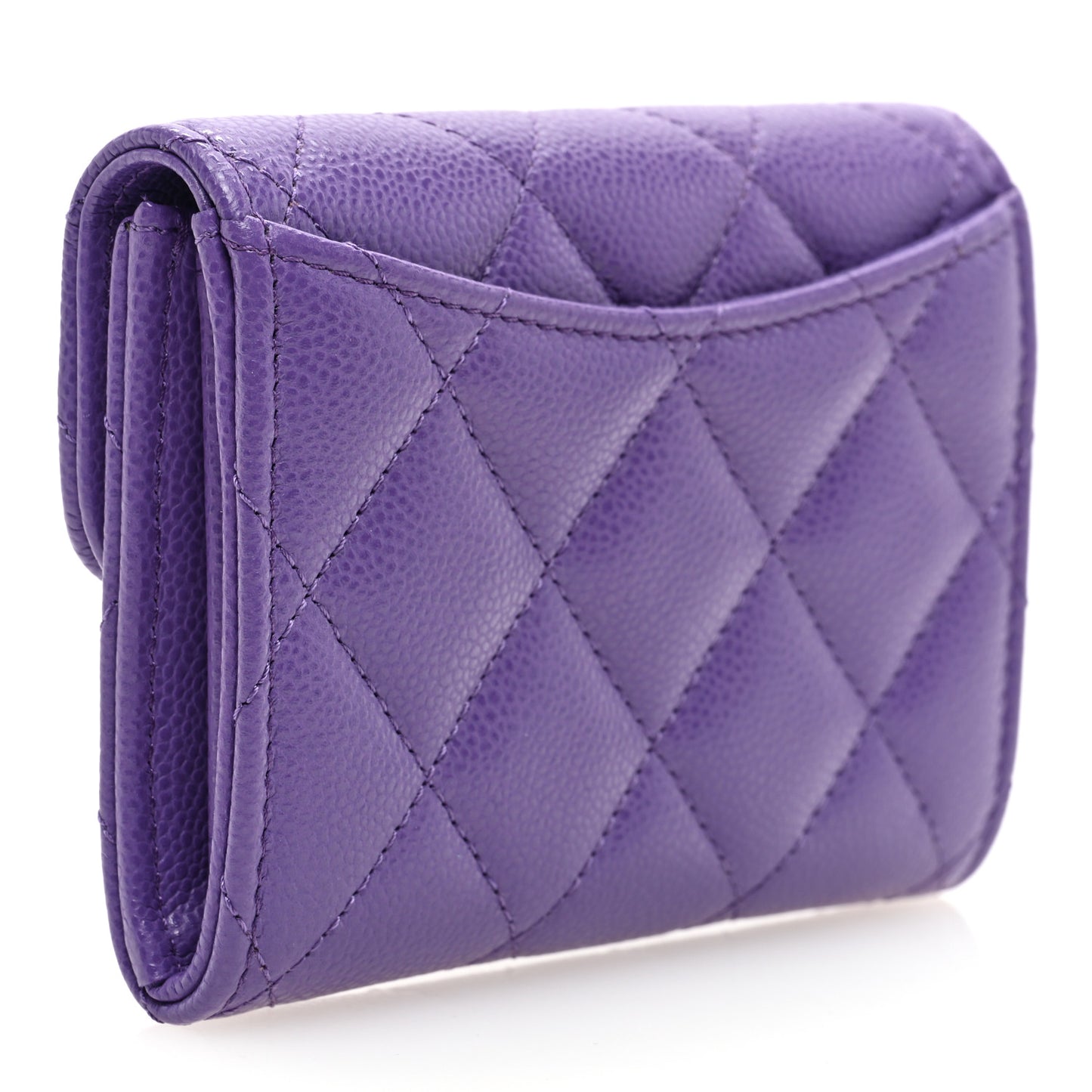 Caviar Quilted Flap Card Holder Wallet Purple