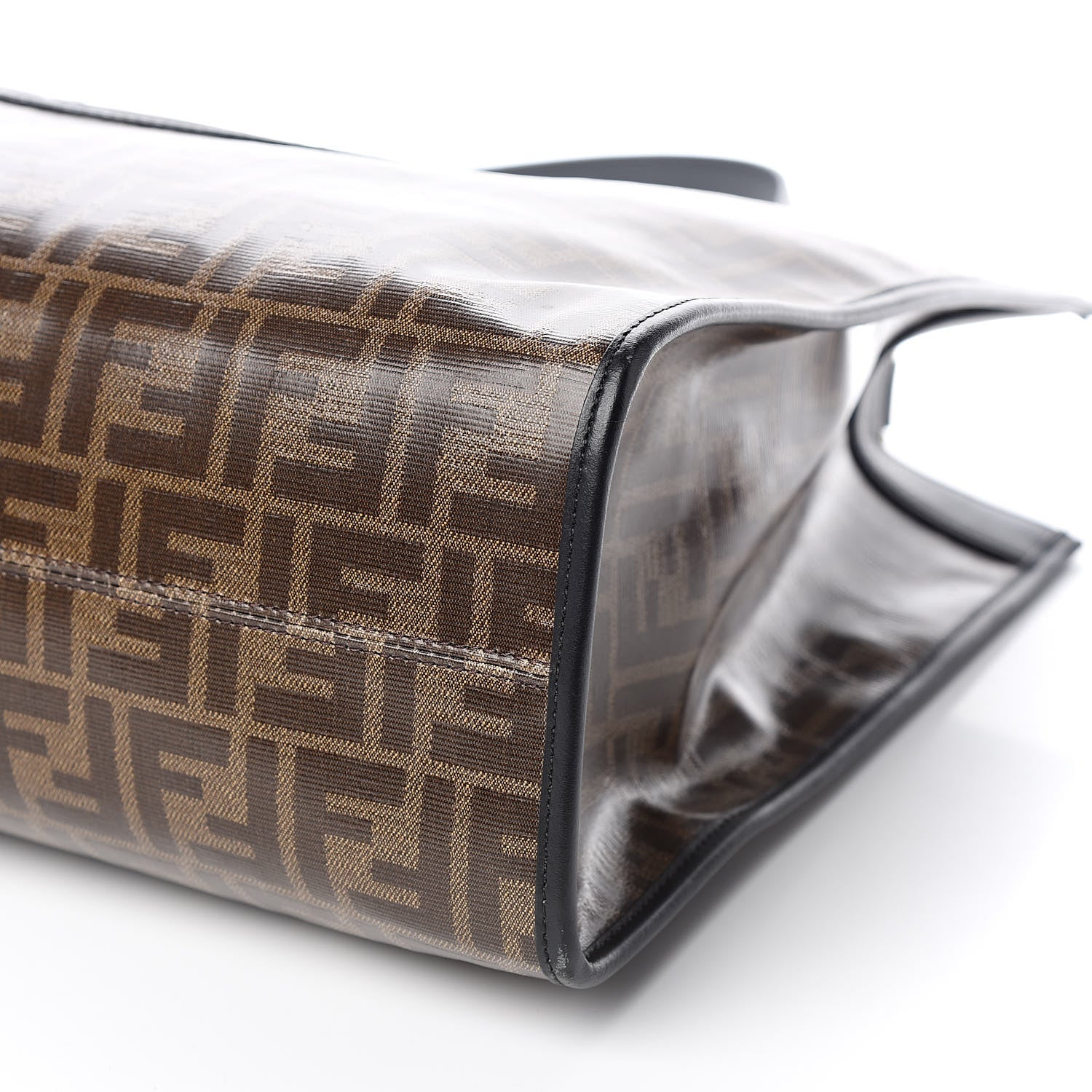 Fendi Glazed Fabric Vitello Century Plexiglass FF 1974 Stamp Patch Medium Runaway Shopper Tote Mogano Panna Black 9 of 10