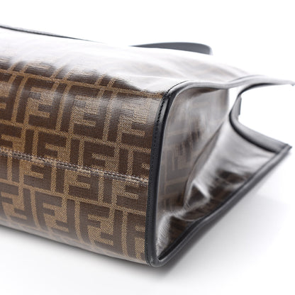 Fendi Glazed Fabric Vitello Century Plexiglass FF 1974 Stamp Patch Medium Runaway Shopper Tote Mogano Panna Black 9 of 10