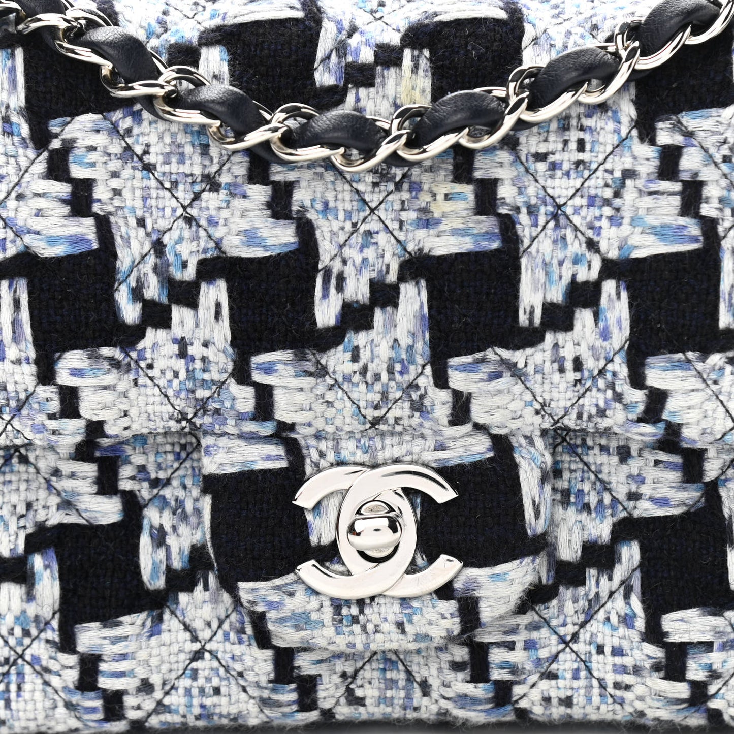 Tweed Quilted Mini Rectangular Flap Black White Light Blue