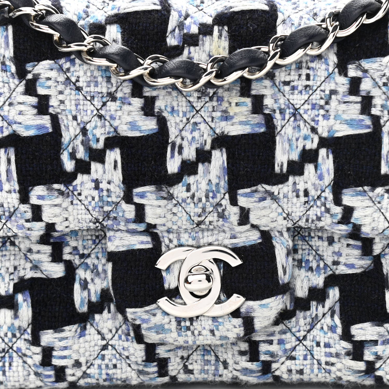Chanel Tweed Quilted Mini Rectangular Flap Black White Light Blue 5 of 11