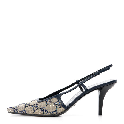 Gucci GG Monogram Malaga Kid Crystal Square G 75mm Slingback Pumps 40 Beige Blue 1 of 9